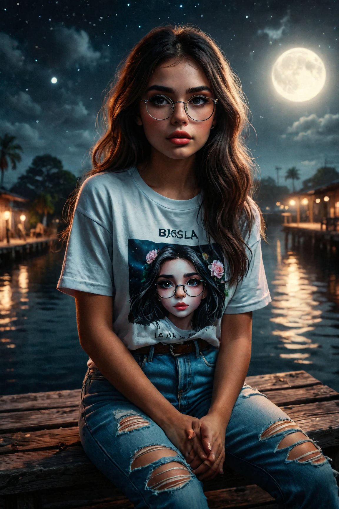 A fascinating fusion of fashion, painting realistic anime and portrait photography, starring Kary, a captivating Caucasic latín woman with long dark brown hair and very very dark brown eyes and glasses. She is wearing a simple t shirt soft pink color, light blue jeans AND tennis, She is sitting on a bench on a dock at night and watching the full moon. The name "BISOLA" is delicately displayed below the image. Very Brown dark eyes.