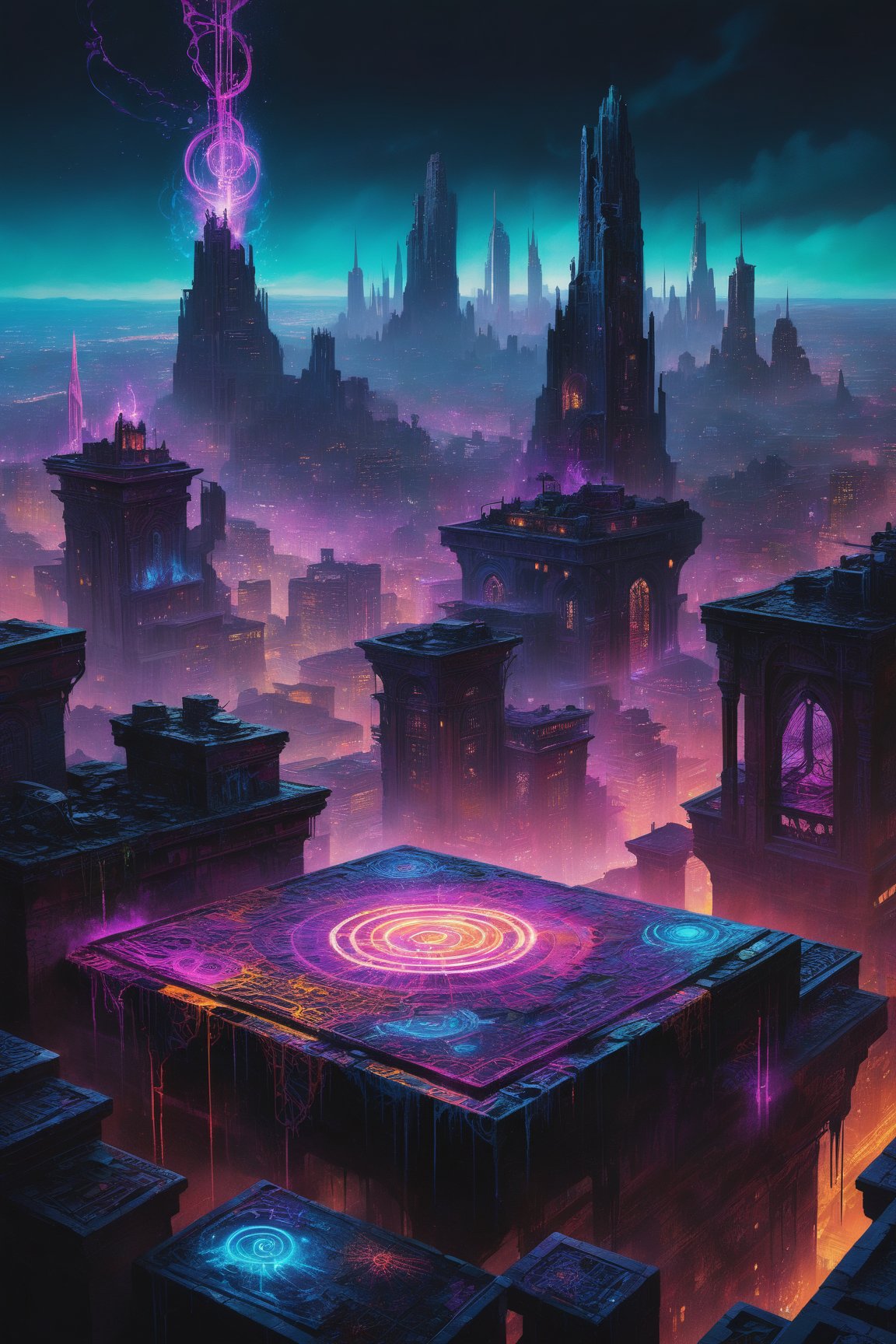 A mesmerizing, dark fantasy painting by CAIO JORDAO, featuring a cyber-mage conjuring arcane energy atop a crumbling rooftop ledge. The mage’s body, a fusion of flesh and circuitry, channels streams of neon light that weave intricate patterns in the air. Below, a sprawling metropolis exists in fragmented realities, with futuristic skyscrapers phasing in and out of existence. Vibrant colors and graffiti elements merge to create a cinematic scene, exploring the mystical intersection of magic and technology. The artwork's vibrant hues and layered textures evoke a sense of wonder and dread., graffiti, cinematic, dark fantasy, vibrant, painting, graffiti