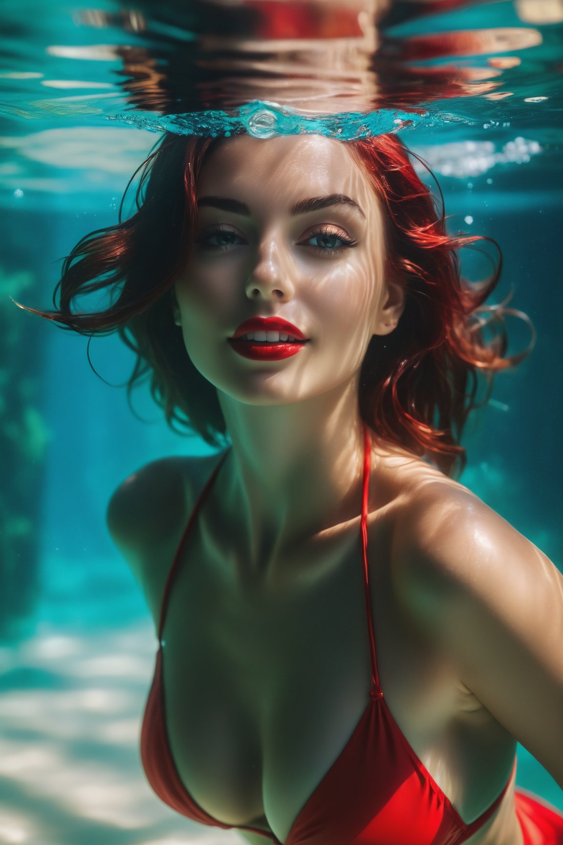 A masterpiece of underwater photography, with exceptional depth of field at 1.2, capturing the essence of a sexy girl in a red bikini. Her expressive eyes, gazing directly at the viewer, exude a dreamy smile as she poses seductively, her hourglass figure on full display. Short, wet hair frames her face, while her skin glistens with moisture. The turquoise tone and shadows create an immersive underwater environment, drawing us in to admire her perfect form. The focus is intentionally centered on her stunning backside, a true masterpiece of photography.