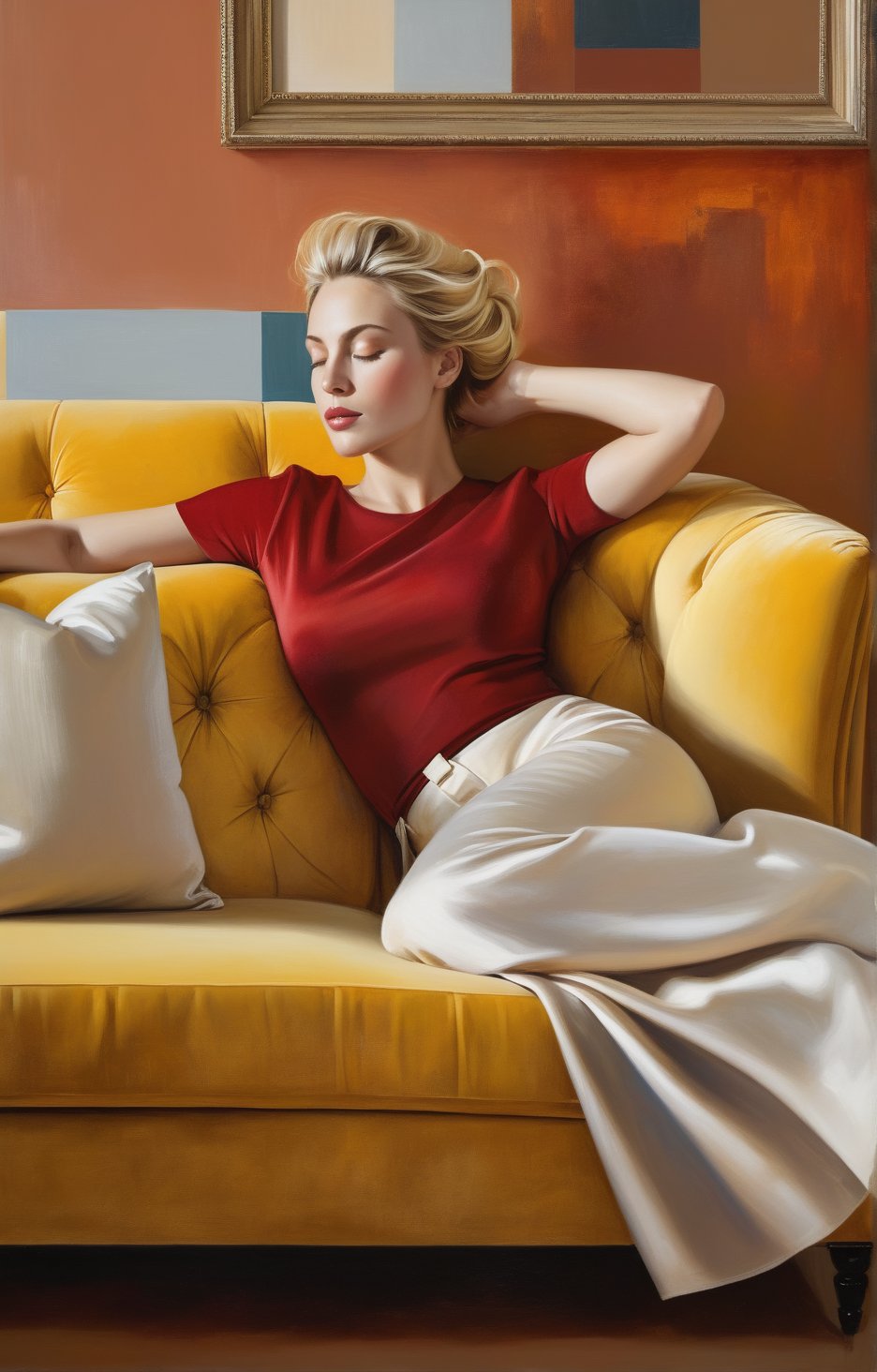 by Studiomente A captivating realistic painting featuring a woman reclining on a plush mustard yellow sofa. The woman is dressed red in an elegant, light-colored garment that accentuates her figure, with her blonde hair cascading down her shoulders and her eyes closed in a peaceful slumber. The serene expression on her face conveys a sense of tranquility, while her body's diagonal positioning across the sofa adds a touch of dynamism. The muted background of browns and beiges enhances the warmth and subdued tones of the painting, making it a stunning portrayal of relaxation and comfort. Created by the talented artist Studiomente Creativamente., foto