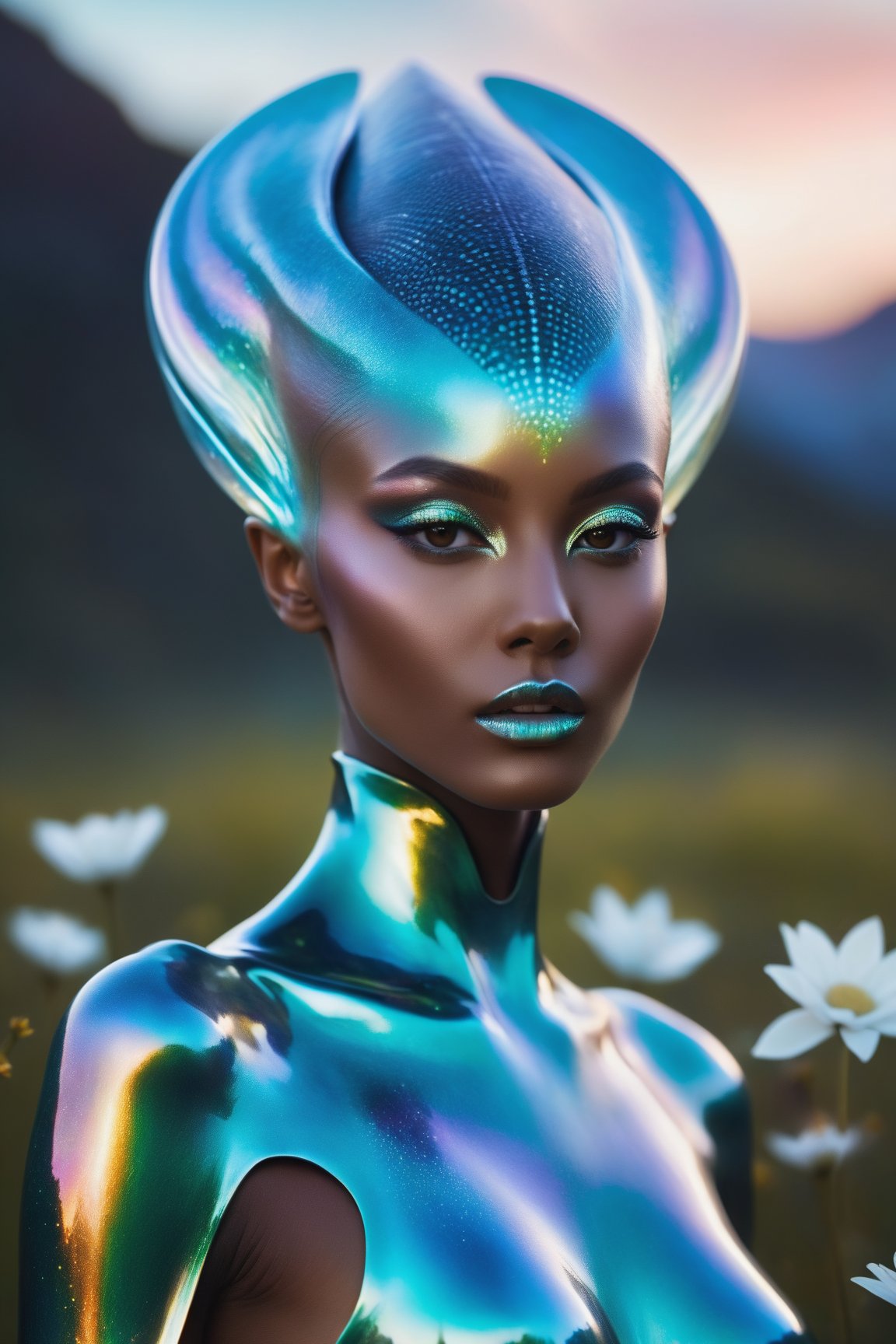 A captivating cinematic photo featuring an ethereal alien fashion model. The creature's delicate skin glows with a shiftin...