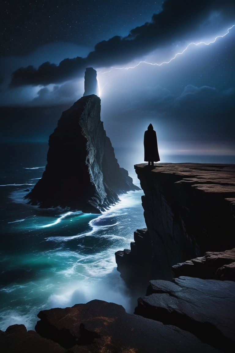 A breathtaking image of a mysterious figure standing on the edge of a cliff during a perpetual night. The figure,  with a...