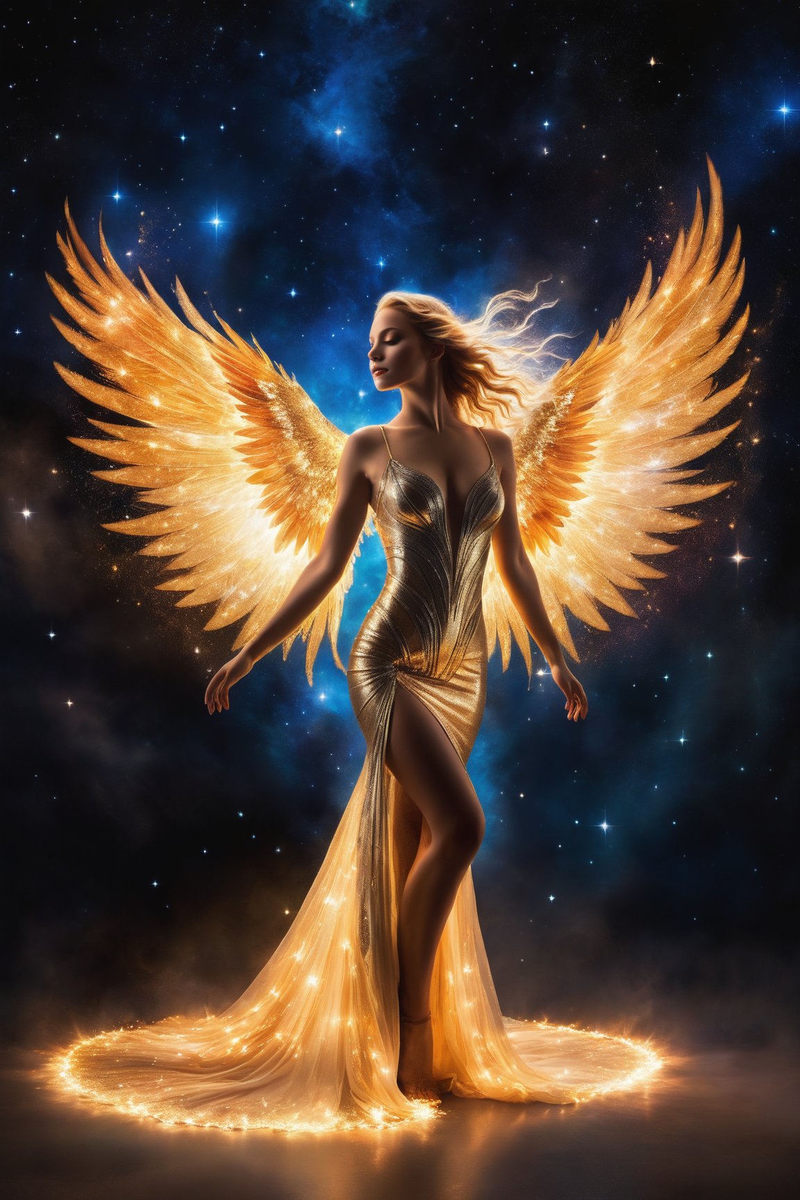 In a realm of swirling flames and radiant light, Fantasies Alburn stands poised, her ethereal wings ablaze like comets in the darkness. She dances, her form a blur as she twirls amidst starlight and sparks. A cosmic goddess, divine desire courses through her being as she embodies celestial essence with wings that shimmer like stardust. His timeless beauty is reflected in the fiery backdrop, a celestial show unfolding before us.