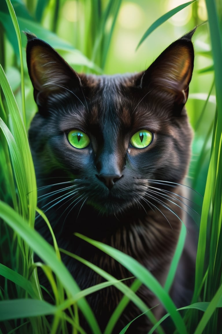 A captivating blend of nature and human elements featuring a captivating brown-eyed cat,  with a striking pair of intense...