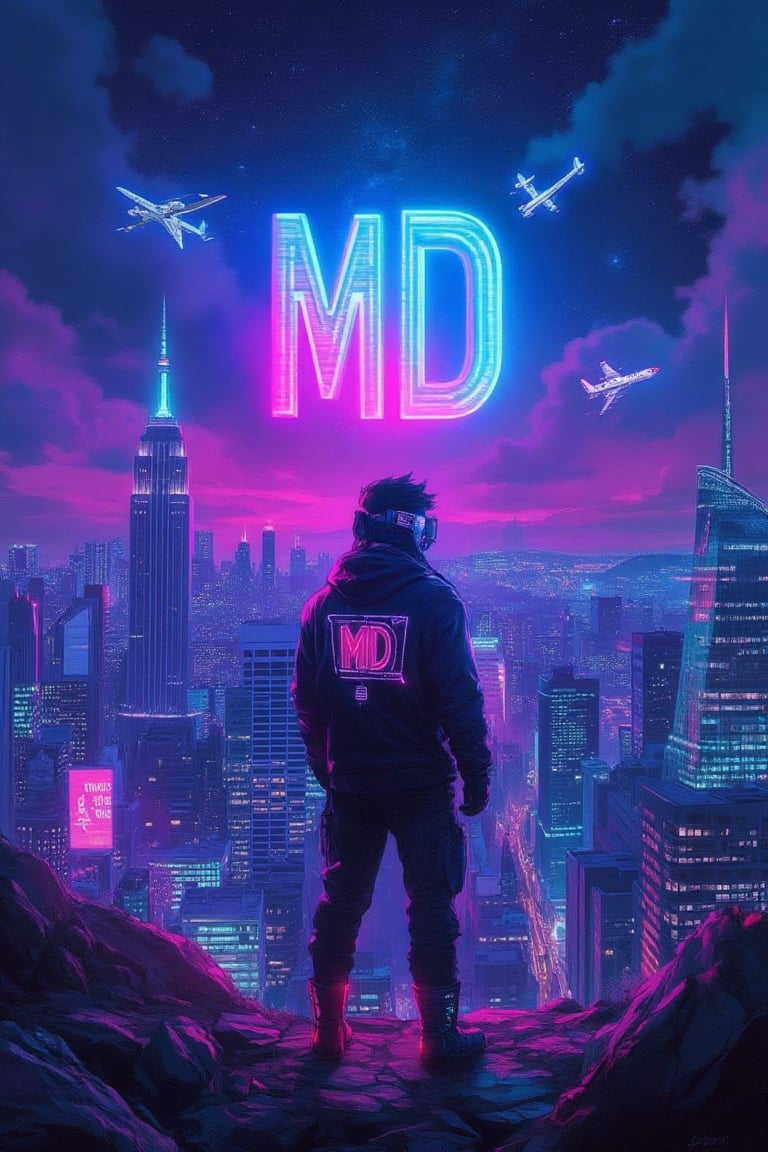 "A cyberpunk-style illustration of a young,  tech-savvy man standing on a metallic platform overlooking a sprawling futuri...