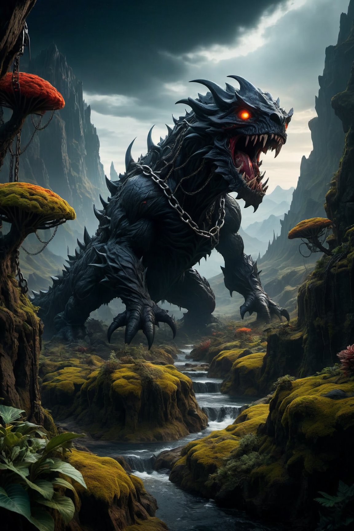 wide shot, photo of a terrifying monster in chains, background (A planet with a dark, ominous atmosphere and a color palette of deep blacks and greys, Its flora consists of twisted, thorny vines and bioluminescent fungi, Geologically, Obsidian is characterized by jagged obsidian mountains and dark, mysterious caves, The mood on Obsidian is somber and foreboding), (Natural Lighting, Volumetric Lighting, Volumetric Light, Volumetric, absurdres, high resolution, (8k resolution), 8k, 8kres, 8k res, high details, detailed and intricate, intricate details, high intricate details, absurd amount of details, super resolution, ultra hd, megapixel), (by Artist Loish:1.3), (by Artist Sam bosma:1.3), Highly Detailed, (Aestheticism:1.3), naturalism, land Art, regionalism, shutterstock contest winner, trending on unsplash, featured on Flickr