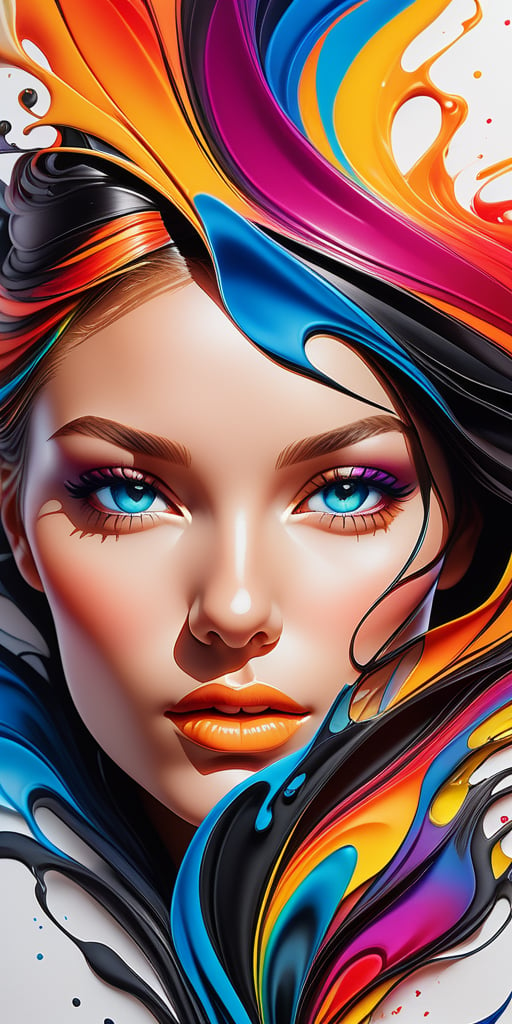 Beautiful Colorful Woman, Beautiful Colorful Woman Looking at Viewer, Black Ink Flow, 8k Resolution Photorealistic Masterpiece, Intricately Detailed Fluid Gouache Painting, Acrylic Calligraphy, Watercolor Art, Professional Photography, Natural Lighting, Lighting Maximalist Photo Illustration volumetric, by marton bobzert, intricately detailed 8k resolution concept art, complex, elegant, expansive, fantastic