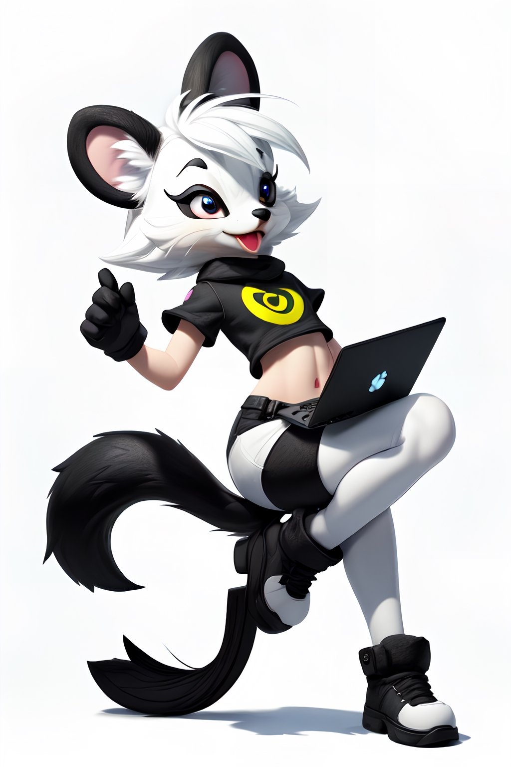 ((correct tail position)), perfect arms, perfect hands, perfect fingers, perfect laptop with TA writing logo.
Logo Description:

The logo should be designed for Tensor.art and will be placed on a white canvas or background.
The central element of the logo should be a cute skunk character, resembling the style of the Tiny Toons cartoons.
The skunk should have big, round, and adorable eyes, giving it a friendly and endearing appearance.
While the skunk should have a cartoonish style, it should also feature detailed elements to make it visually appealing and professional.
Design Style:

The logo should be in a watercolor 2D illustration style, evoking an artistic and playful feel.
The color palette used should be vibrant and inviting, creating a sense of warmth and friendliness.
Background:

The logo should have a clean and clear white background, ensuring high visibility and professionalism.
The scene should be well-illuminated, making the skunk, canvas, and computer screen stand out clearly.
Overall Aesthetic:

The logo should convey a sense of creativity and approachability, reflecting Tensor.art's mission to make art accessible and enjoyable.
It should be clean, clear, and easily recognizable as a professional logo.
The skunk character should exude charm and playfulness, making it memorable to viewers.
The goal of this logo is to create a professional yet inviting visual identity for Tensor.art, highlighting its commitment to the world of art and technology in a playful and approachable manner. It should be easily distinguishable, well-illuminated, and communicate the essence of the platform effectively.