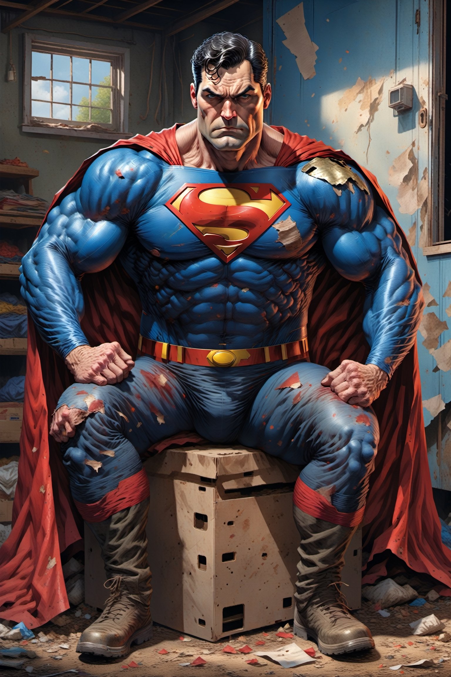 Create an extraordinarily detailed and award-winning masterpiece that brilliantly combines humor with realism by portraying an elderly and obese Superman in an unconventional light.

Superman, once the symbol of youthful vitality, is now depicted as an aging and world-weary figure. His hair, once a lustrous black, has turned long, disheveled, and dirty white. His beard, untrimmed and unruly, cascades down his chest. His face tells the story of a hero who has seen better days, as it carries an expression of defeat, disappointment in humanity, and a hint of inebriation.

His iconic suit, which once clung to his muscular physique, now sags and is riddled with age-related wear and tear. It's torn in several places, and dirt and grime have accumulated on the once-vibrant red and blue fabric.

Superman is seated in a worn-out chair placed in front of an old and dilapidated trailer home or mobile home, highlighting his fall from grace. The trailer home itself should exhibit signs of age and neglect, with faded paint, rusted corners, and a generally dilapidated appearance.

To bring out every minute detail, the scene is illuminated brilliantly in the daytime, casting dramatic shadows and highlights on Superman's features and surroundings. Employ a vibrant, cinematic color palette that accentuates both the realism and humor of the artwork.

The high dynamic range should be meticulously employed to capture even the subtlest nuances of texture and expression. This artwork aims to be a visual tour de force, capturing the essence of aging and the human condition with a touch of humor.

The final masterpiece should be nothing short of spectacular, rendered in astonishing 32k resolution. This level of detail ensures that every wrinkle, every thread in the fabric, and every expression line on Superman's face is visible, immersing the viewer in a world where even superheroes face the inevitability of time and change. The final masterpiece should be nothing short of spectacular, rendered in astonishing 32k resolution. This level of detail ensures that every wrinkle, every thread in the fabric, and every expression line on Superman's face is visible, immersing the viewer in a world where even superheroes face the inevitability of time and change. superman body suit dirty ripped and smelly, he is unclean, dirty, stincky, old, homeless, piss_drunk,fat, chubby (fat), ((Chubby)), 300 punds