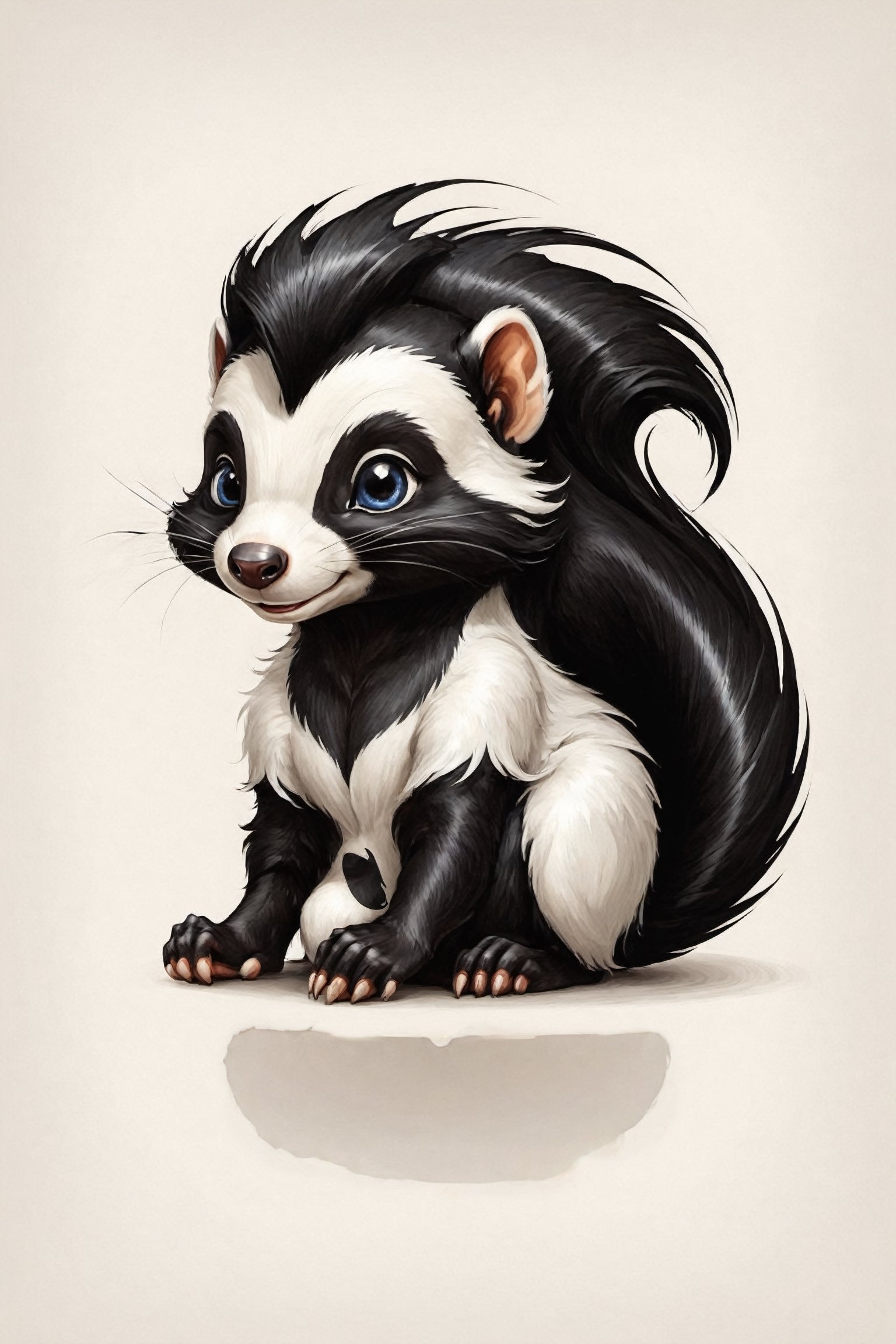 Logo Description:

The logo should be designed for Tensor.art and will be placed on a white canvas or background.
The central element of the logo should be a cute skunk character, resembling the style of the Tiny Toons cartoons.
The skunk should have big, round, and adorable eyes, giving it a friendly and endearing appearance.
While the skunk should have a cartoonish style, it should also feature detailed elements to make it visually appealing and professional.
Design Style:

The logo should be in a watercolor 2D illustration style, evoking an artistic and playful feel.
The color palette used should be vibrant and inviting, creating a sense of warmth and friendliness.
Background:

The logo should have a clean and clear white background, ensuring high visibility and professionalism.
The scene should be well-illuminated, making the skunk, canvas, and computer screen stand out clearly.
Overall Aesthetic:

The logo should convey a sense of creativity and approachability, reflecting Tensor.art's mission to make art accessible and enjoyable.
It should be clean, clear, and easily recognizable as a professional logo.
The skunk character should exude charm and playfulness, making it memorable to viewers.
The goal of this logo is to create a professional yet inviting visual identity for Tensor.art, highlighting its commitment to the world of art and technology in a playful and approachable manner. It should be easily distinguishable, well-illuminated, and communicate the essence of the platform effectively.