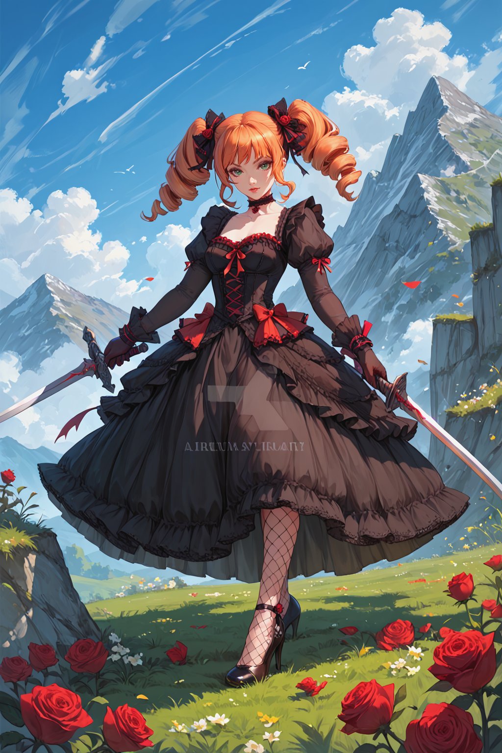 score_9, score_8, score_7, score_7_up, score_8_up, 1girl, solo, lolita_fashion, gothic_lolita, weapon, drill_hair, sword, pantyhose, orange_hair, flower, twintails, dress, twin_drills, high_heels, grass, green_eyes, outdoors, fishnets, sky, gloves, day, full_body, rose, watermark, choker, holding_weapon, holding, mountain, red_hair, looking_at_viewer