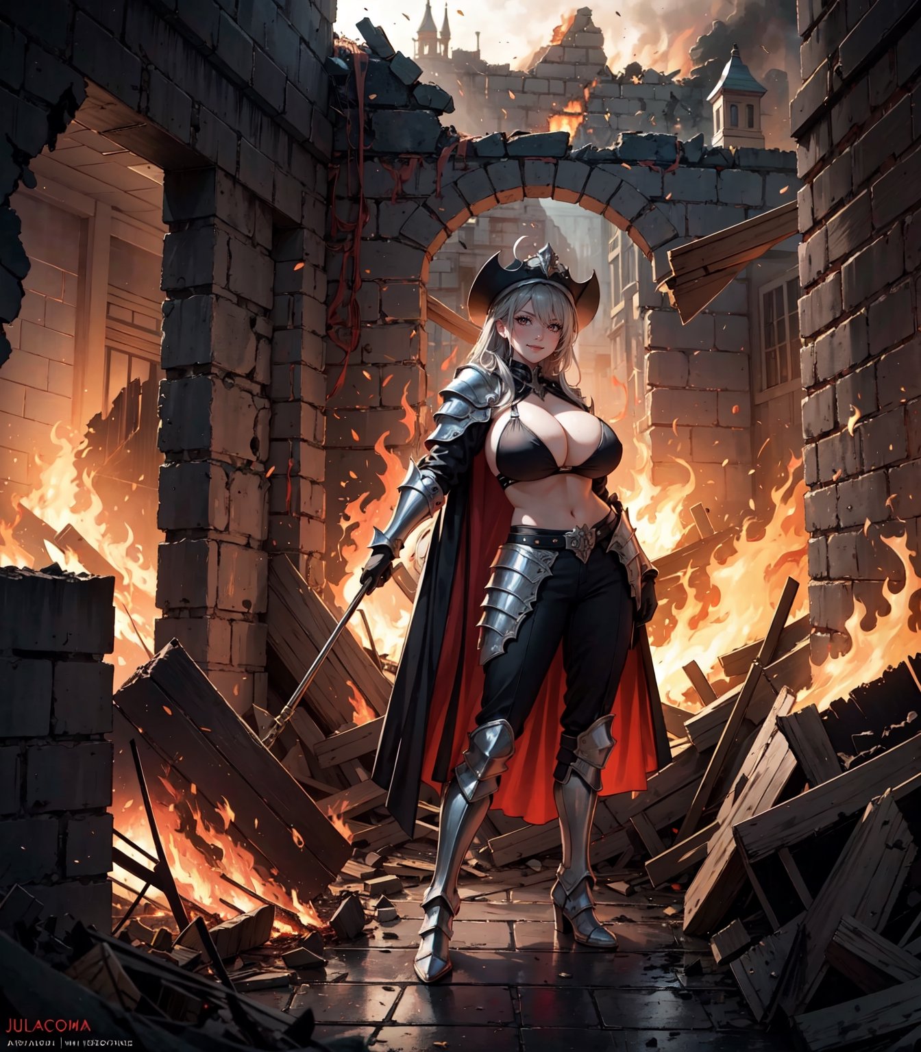 Masterpiece in high resolution, inspired by the genres of terror, horror, and anime, evoking an intense and captivating atmosphere. | The protagonist, Julia, a 22-year-old woman with gigantic breasts, stands out in the center of a completely destroyed castle engulfed in flames, under the night's light. She wears a silver warrior's armor, composed of a yellow rubber cape with black and white details, black bikini pants with white finishing, black silver boots, silver gloves, and a distinctive warrior's hat. | Julia's intensely red eyes fix directly on the viewer, conveying a mix of emotions, while a malicious smile on her face expresses fearless hope amid the chaos. The scene is composed of stone and metal structures, including charred pillars, destroyed furniture, and pipes with mysterious liquids, creating a rich environment. | Dramatic lighting highlights the dancing flames, accentuating the details of the armor and Julia's peculiar expression. The careful composition emphasizes the imposing presence of the protagonist amidst the destruction. | The camera, positioned to capture the intensity of the moment, offers a unique view of the protagonist and the chaotic scenery around her. | (fearful_pose), She is adopting a ((bold_pose as she gazes, standing in a burning castle):1.3), (intense_eyes), (malicious_smile), (silver_armor), (stone_and_metal_structures), (burnt_pillars), (destroyed_furniture), (mysterious_liquids), (dramatic_lighting), Big, ((full body)), More Detail