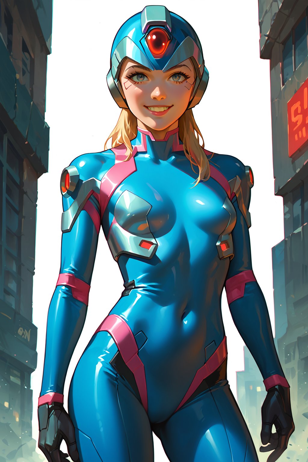 digital_media_(artwork) hi_res, score_9, score_8_up, score_7_up, score_6_up, score_5_up, score_4_up, rating_safe, beautiful, slim, slender, small breasts, cute, helmet, bodysuit under clothes,  long blonde hair, beautiful eyes, smile, solo, SFW, Cyberpunk City Tycoon,good_hands