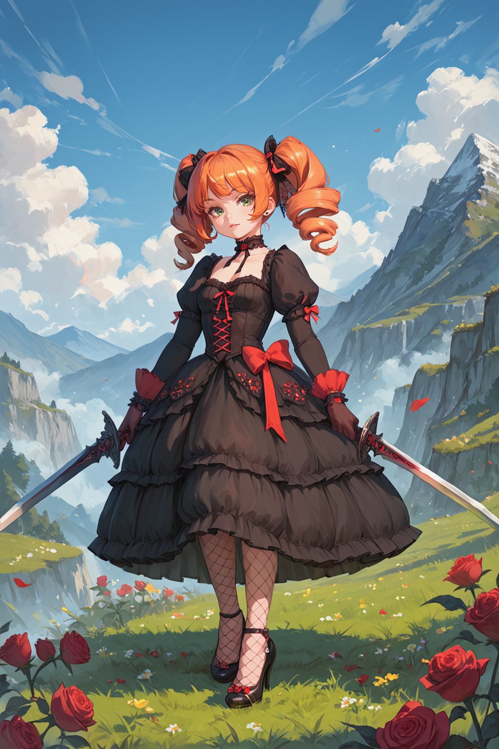 score_9, score_8, score_7, score_7_up, score_8_up, 1Loli , solo, lolita_fashion, gothic_lolita, weapon, drill_hair, sword, pantyhose, orange_hair, flower, twintails, dress, twin_drills, high_heels, grass, green_eyes, outdoors, fishnets, sky, gloves, day, full_body, rose, choker, holding_weapon, holding, mountain, red_hair, looking_at_viewer