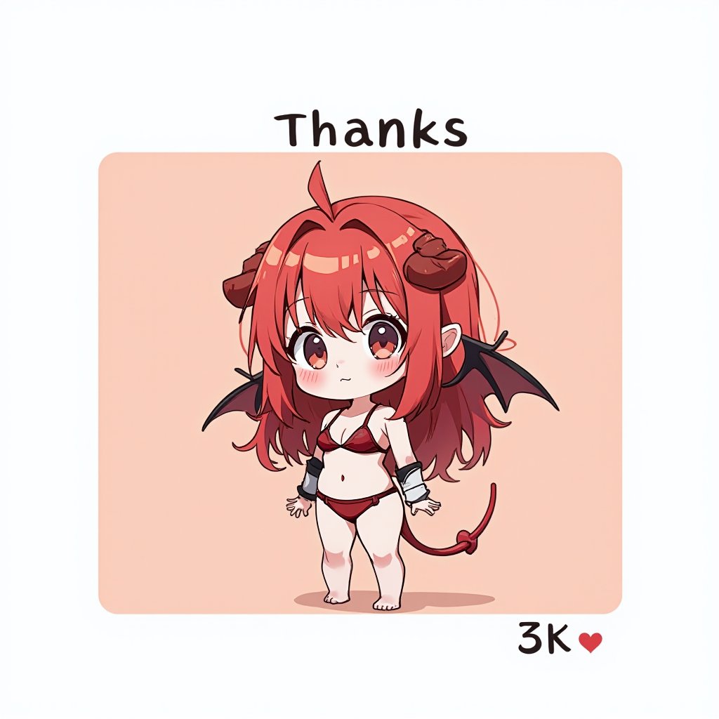 ((LINE stamp style)),flat illustration, anime, bright, cute, small, 1 girlish boy, red hair, long hair, demon horns, demont tail, evill wing,bikini armor ,((Show text "thanks 3k 🌙"))