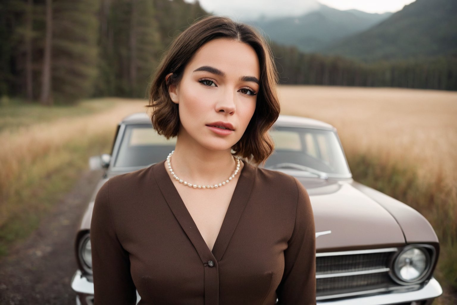 HQ photography, sharp focus, Instagram photography, influencer, moody photography, close up cinematic, movie still,

 a beautiful girl  standing beside a vintage car in a natural, mountainous setting. She is dressed in a brown cream dark academia outfit and a pearl necklace, suggesting a setting that is formal or reminiscent of a bygone era. The car's design indicates it may be from the 1960s or 1970s. The woman's pose and expression convey a sense of contemplation or longing. The overcast sky and the lush greenery of the forested area add to the moody atmosphere of the scene.,cute face, young face, darkacademia,dark academia outfit,Rissa May,photorealistic