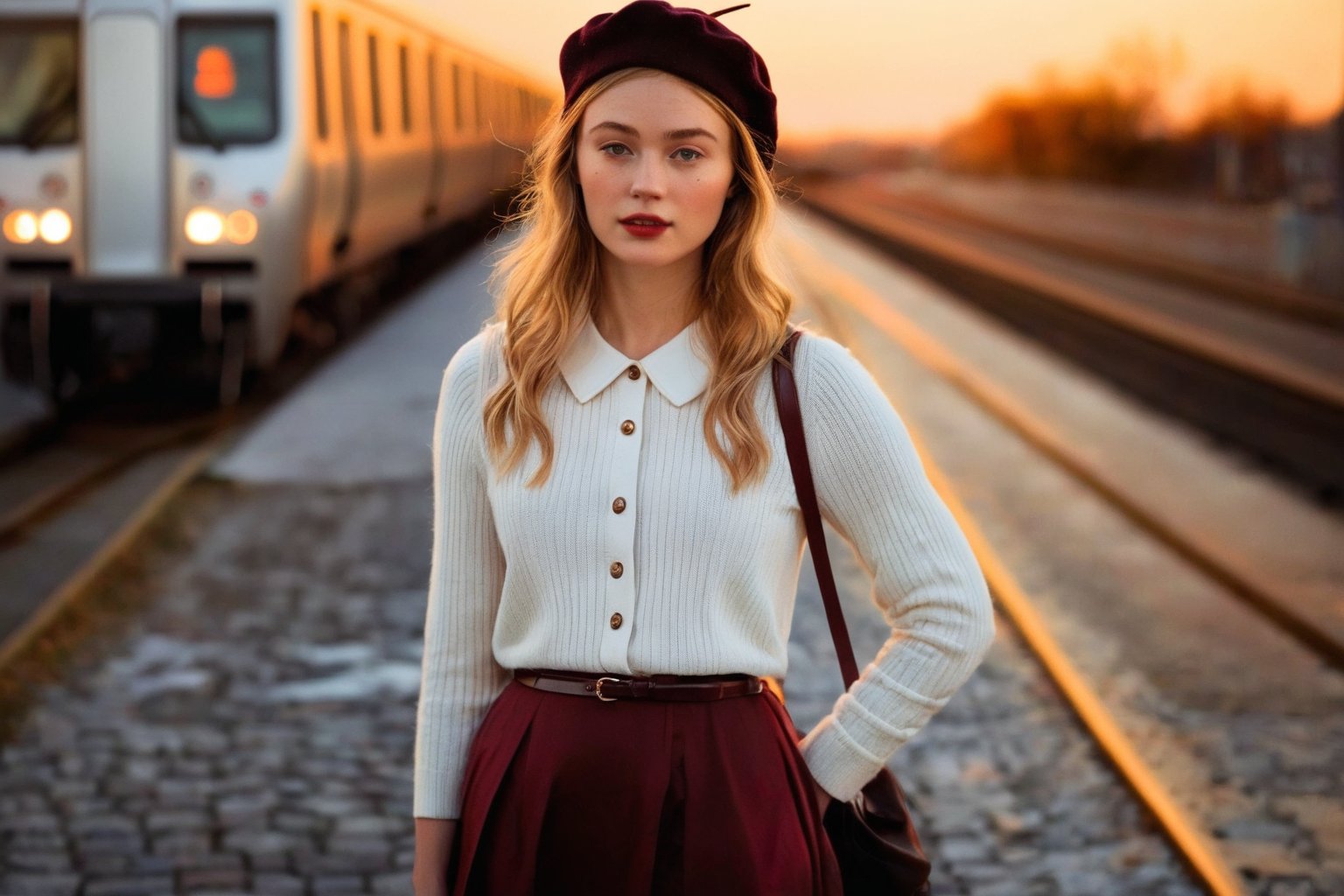 HQ photography, sharp focus, Instagram photography, influencer, moody photography,

The image presents a girl standing on a cobblestone street during the golden hour, warm sunlight bathing the scene. train in the background. The train, with its yellow front and dark body, is stationary and contributes to the urban atmosphere of the photograph. The lighting suggests the photo was taken at sunset, adding a serene quality to the image. contemporary setting. Cream knit cardigan, Burgundy pleated midi skirt, White blouse with a peter pan collar, Wool beret, Leather backpack,darkacademia,dark academia outfit,dbrhwll woman, Deborah Ann Woll,