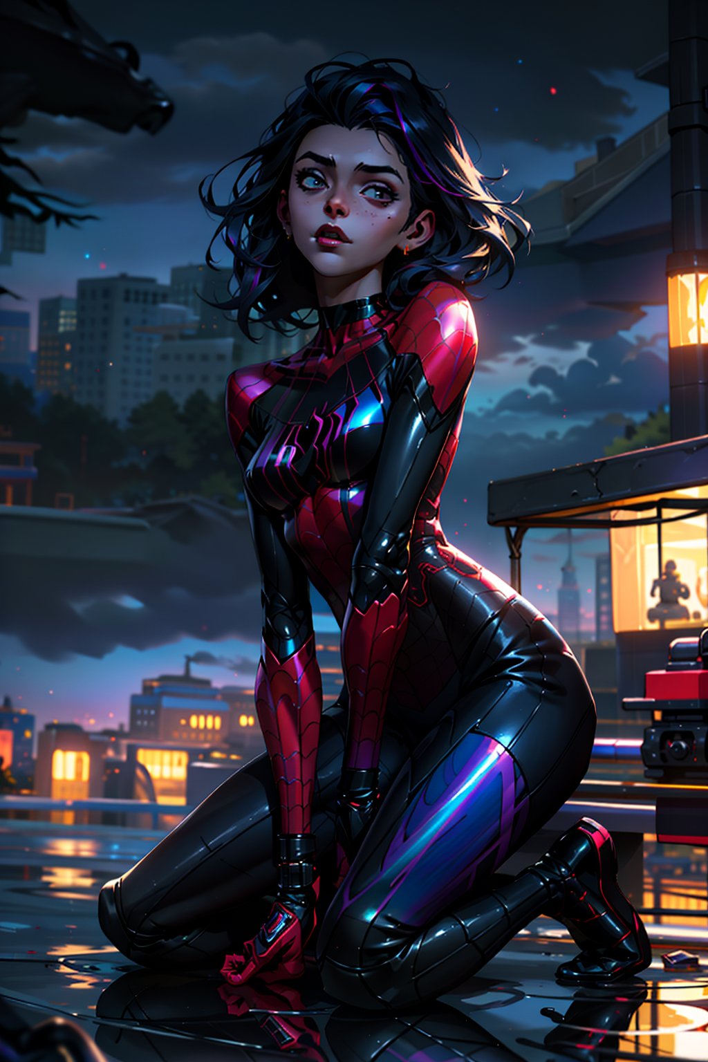 (masterpiece:1.1), (highest quality:1.1), (HDR:1.3), absurdres, highres, best quality, 1girl (dark skinned girl), building, spider_girl, web, nighttime, scenery, dusk, colorful clouds, dark, stars, reflection, (iridescent:1.5), meteor, full body, clouds, silhouette, black spider suit,
