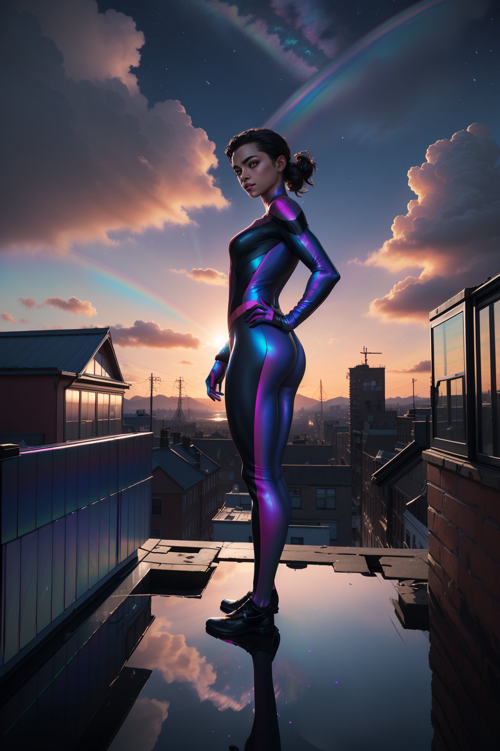 (masterpiece:1.1), (highest quality:1.1), (HDR:1.3), absurdres, highres, best quality, 1girl (dark skinned girl), victorian, building, top of building, nighttime, scenery, dusk, colorful clouds, dark, stars, reflection, (iridescent:1.5), meteor, full body, clouds, silhouette, black and white spider suit,
