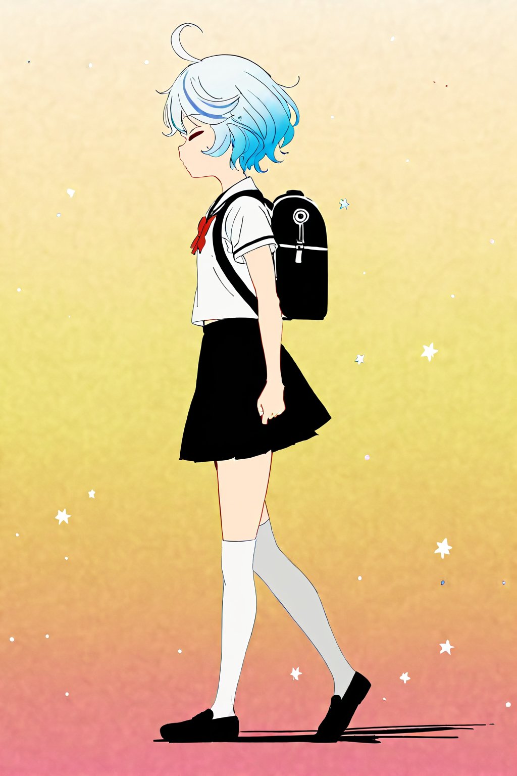 1girl, mdsktch sketch of furina, light blue and white short hair, large eyes, school uniform, black skirt, white stockings, backpack, walking, view from the side, closed eyes, :), cartoon, action_lines, line_art, pencil_art, colourful, flat colours, simple background, gradient, stars