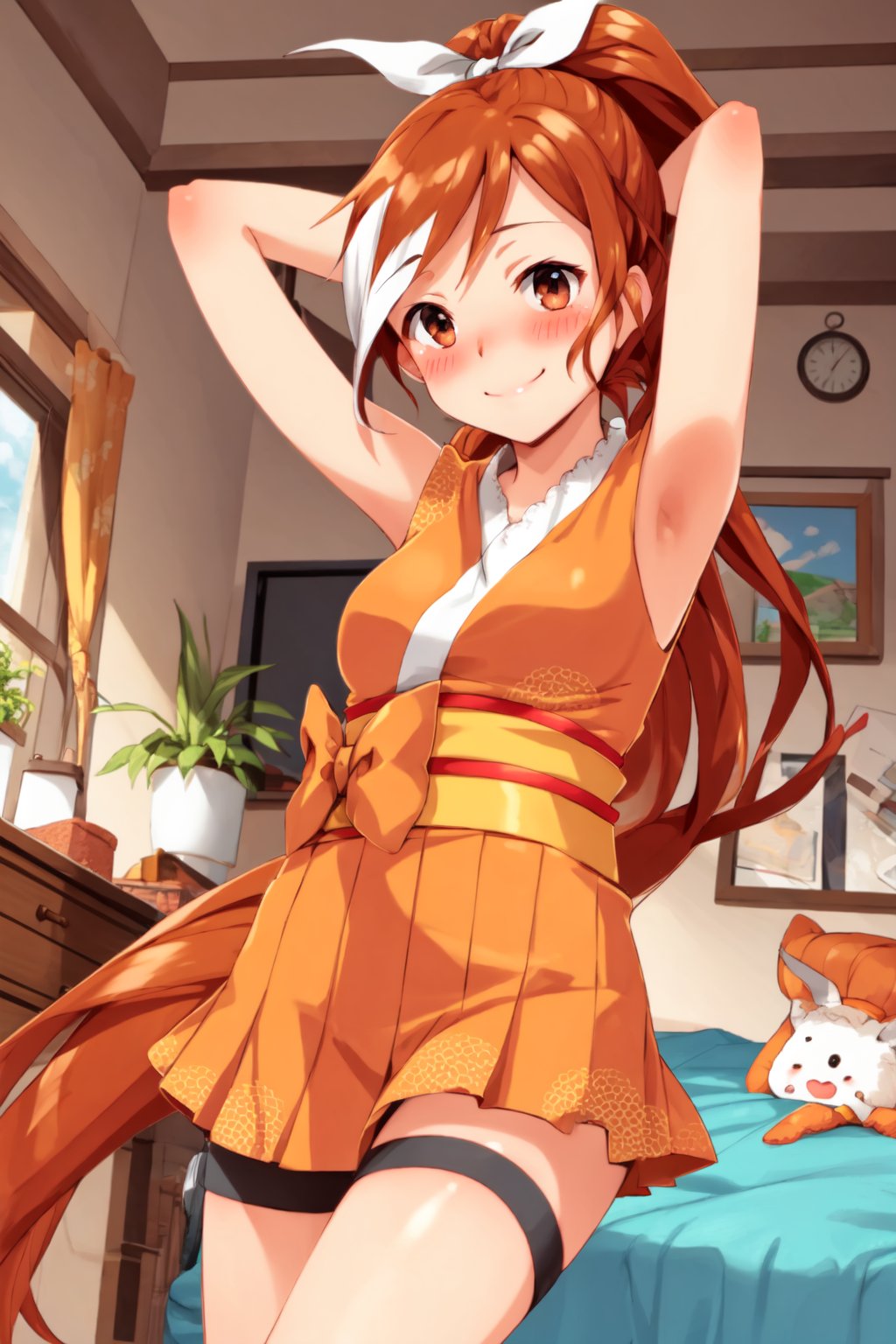 Crunchyroll Hime, bedroom, (hands behind head), arms up, ((blush)), smile