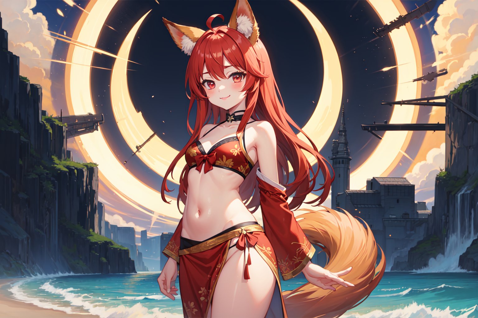 2d, masterpiece, best quality, anime, highly detailed, 1girl, cowboy shot, solo, BREAK medium breast, adult, red eyes, long red hair, ahoge, fox ears, (1 fox tail),
 red long sarong, midriff, smile, :3, blush, hands behind back, beach, night, dark sky