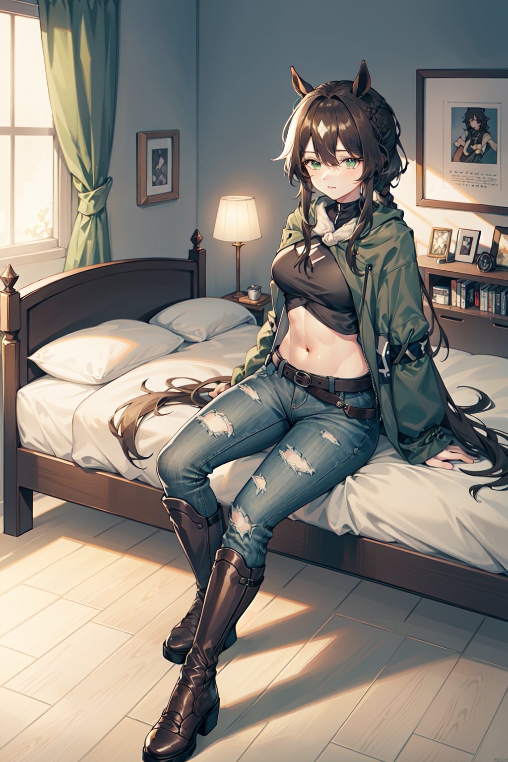 2d, masterpiece, best quality, anime, highly detailed, fullbody, (1girl), BREAK green eyes, long hair, braid, french braid, horse tail, (meteorclothing:1.22), jeans, belt, bare arms, BREAK sitting, on bed BREAK indoors, bedroom