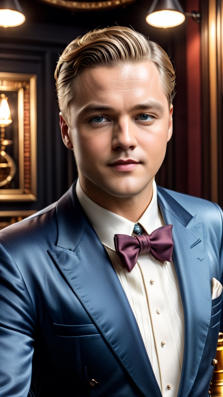 ((masterpiece: 1.2), (best quality, ultra detailed, photorealistic: 1.37) high quality, high definition, super detailed, unreal engine, Ultra realistic photography, 3d, 8k, cinematic lighting, volumetric lights, hyper-realistic photography, HDR, silk, volume, ((Jacek Yerka: 2)), Portrait of Jay Gatsby