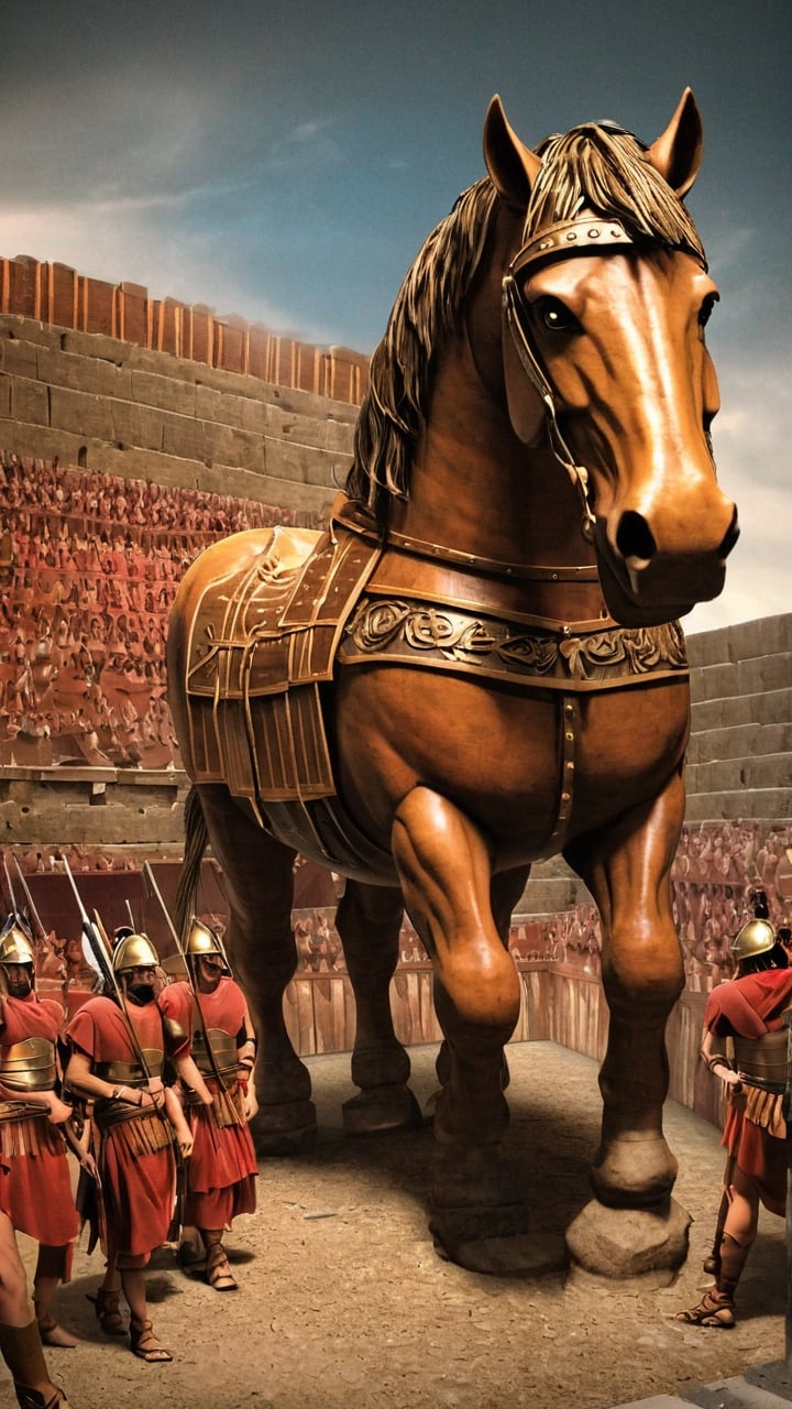 Iliad style, wide plan, Troy, (((Trojan Horse taller than the walls: 2))), monumental, (((Gigantic troll horse made of wood: 2))), (((inside the walls of Troy: 2))), dragged by thousands of (((Spartan soldiers: 1.8))), ((on platform with wheels: 1.5))).

,none