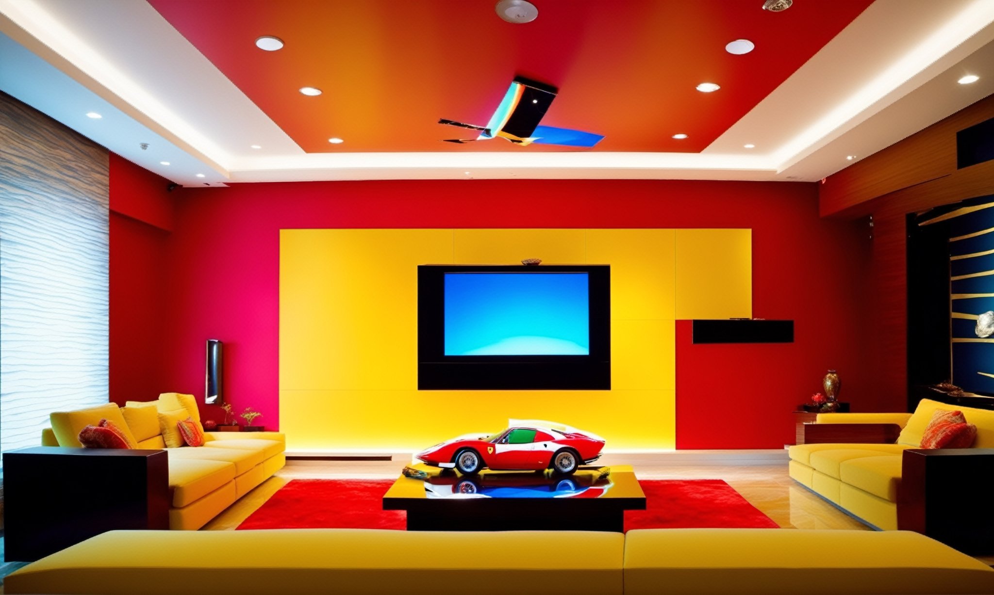 A wide-angle shot captures the masculine high tech modern and classy fung shui vibe of the living room, a TV covers a hole wall projector style with the screen displaying a colorful vibrant clear image of a Ferrari, every color and form in the room has equal balance, the room has a uniformed square checkerboard patern marble floor that is the central focal point amidst the tall walls and soaring ceiling. The camera gazes upon the square space, with a  larger back wall and shorter side walls that are even and have no doors, the room is about new beginnings and possibilities.