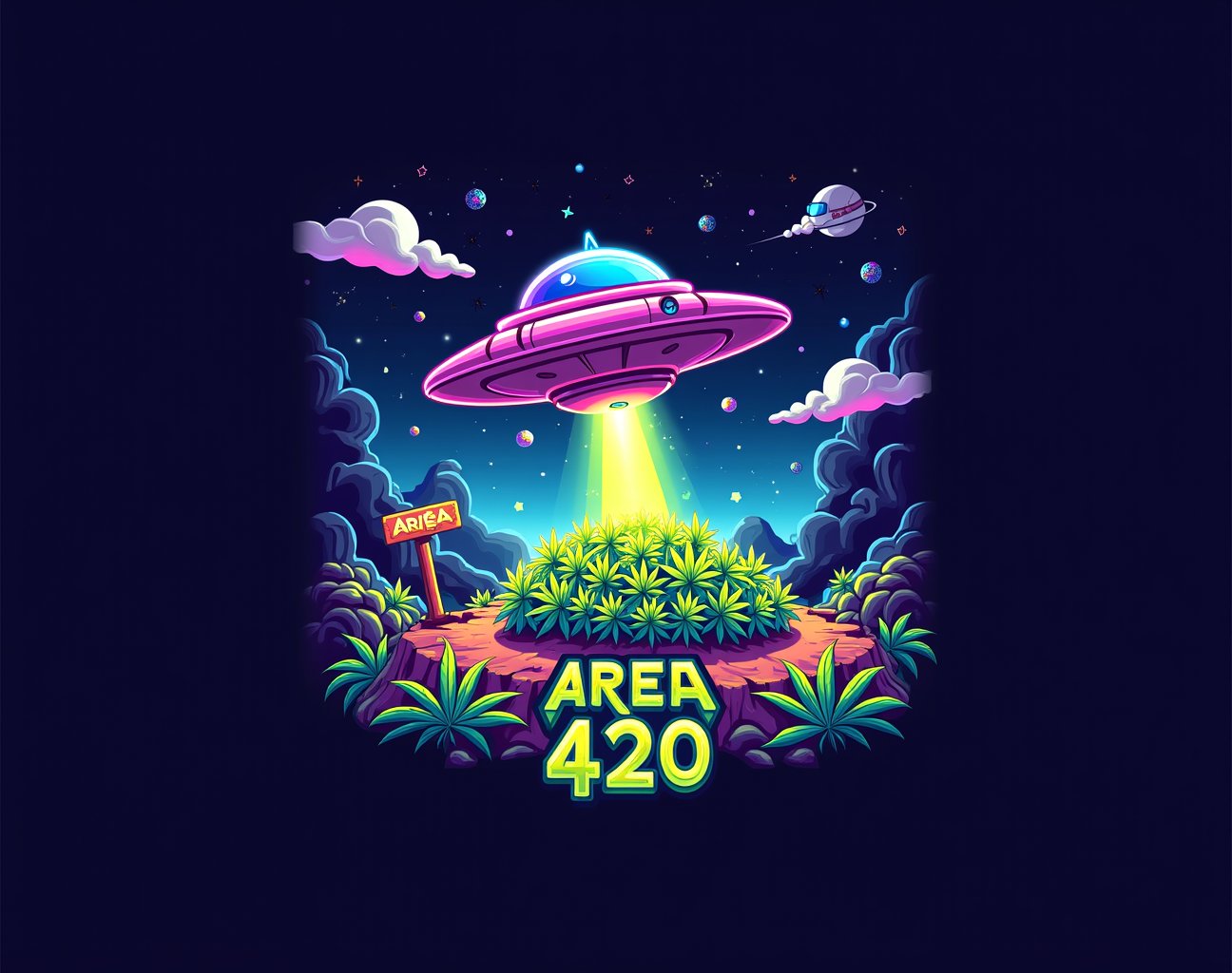 Create a vibrant,  eye-catching image for the cannabis company "Area 420" with a distinct space and alien theme. The desig...