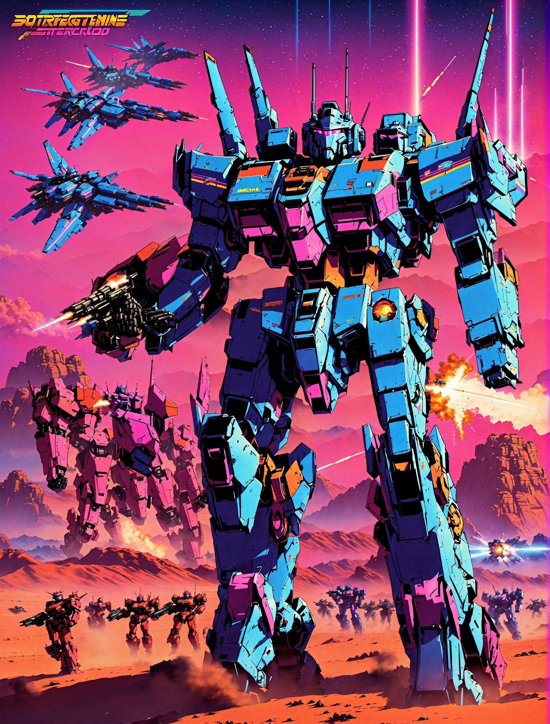 Text "Battle Mechs world wars" ,a full body wide angel view, a Battle Mech attacking a group of people in a desert, war mechs fighting, battletech style, battlemech, mechwarrior, battletech, war robot, mech machines firing bullets, soldiers and mech fight, mad max battlemech, mech warrior, robot overlords, robot overlord in the year 3499, battle mech, mecha, mecha anime, battlemech, tremendous mecha robot, mecha warrior, # mecha, mecha inspired, big mecha, alexandre ferra mecha, mech warrior, 80s  retro arcade, retro wave, masterpiece epic retrowave art, retrowave art, 80s poster, 1980s arcade, outrun, computer game art, epic retrowave art,chrometech,surface imperfections,PD-802X4, robot, no human