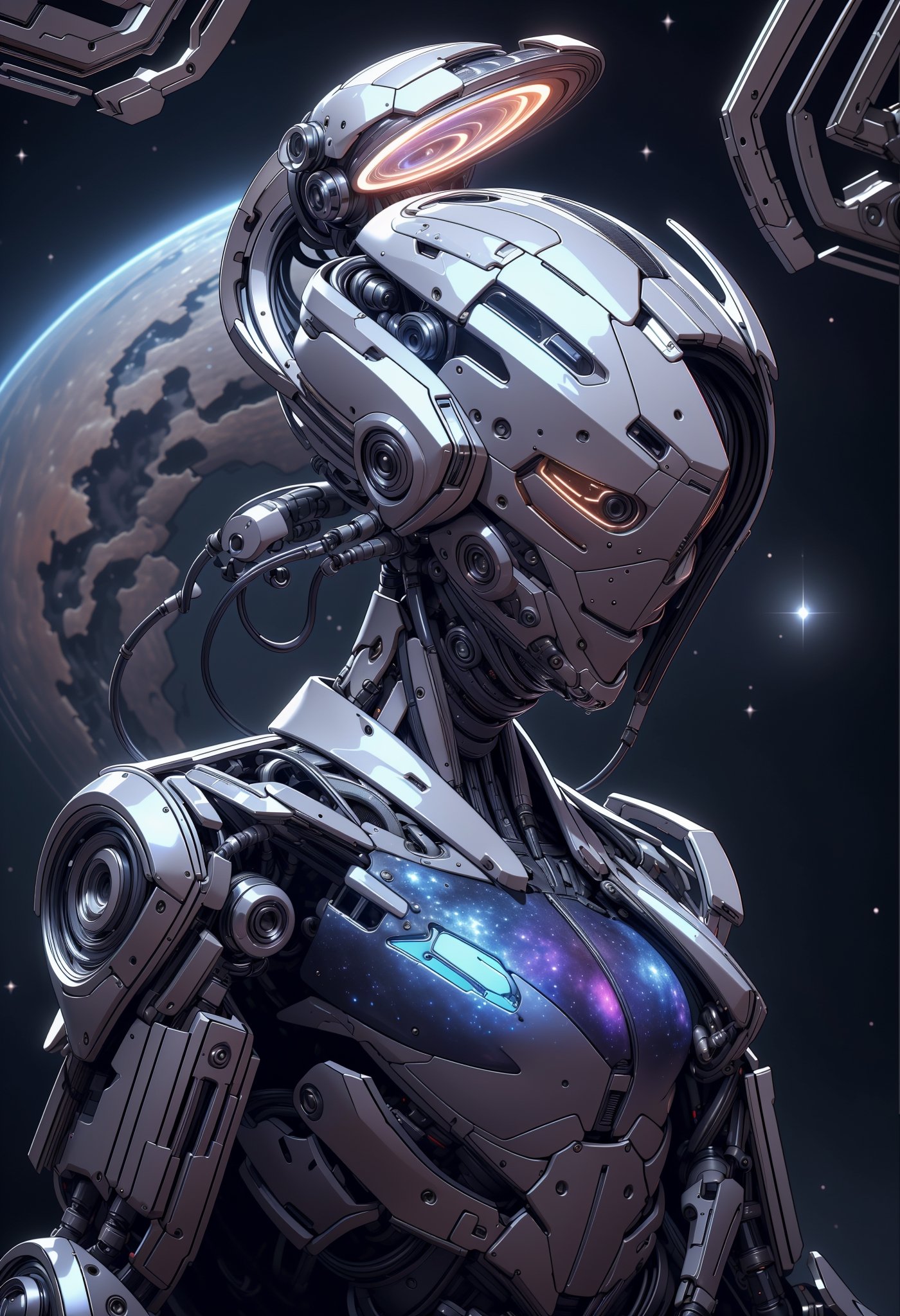 an award winning photograph of a beautiful woman, halo, intricate cyberpunk robot, highly detailed, soft bokeh Deep space nebula background, art by mooncryptowow and popular science