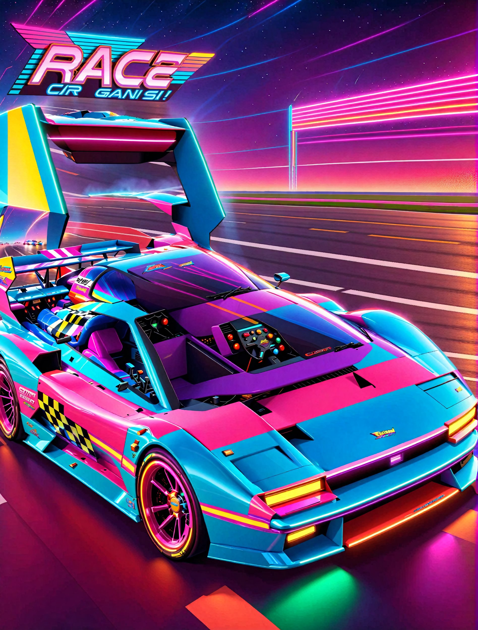 Get Ready to Shift into High Gear! 'Race On' Video Game Cover Art: A Retro Arcade Machine's Masterpiece. A neon-lit,  pixe...