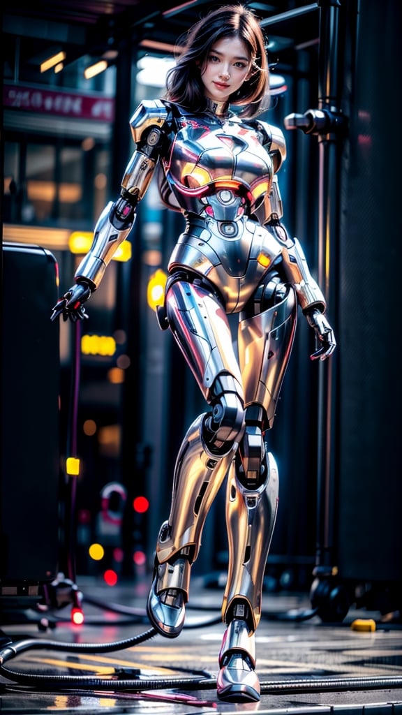 1girl, beautiful face, pale skin, black_hair, medium hair, smiling face, holding a plug with cable, robotic body, full body, sitting, wires, robotic legs, robotics arms, robotic body, robotic hands, futiristic, robotic, mechanical, armored, standing, expressionless face, damaged robotic body, black_robotic_body, alone, (plug and wires), straight leg, busty breast, mecha, bodycon