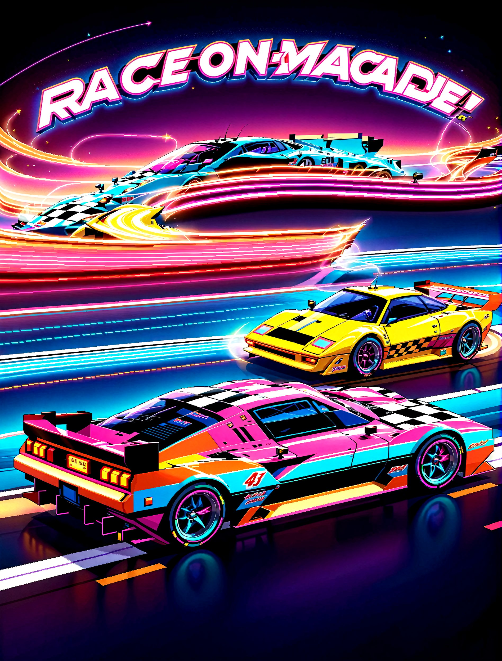 Get Ready to Shift into High Gear! 'Race On' Video Game Cover Art: A Retro Arcade Machine's Masterpiece. A neon-lit, pixel-perfect retro arcade machine hums with excitement as sleek race cars zoom past the finish line and the checkered flag waves triumphantly. The 80s-retro wave artwork pulses with energy, transporting you to an era of outrun and computer game art mastery.,c_car,H effect