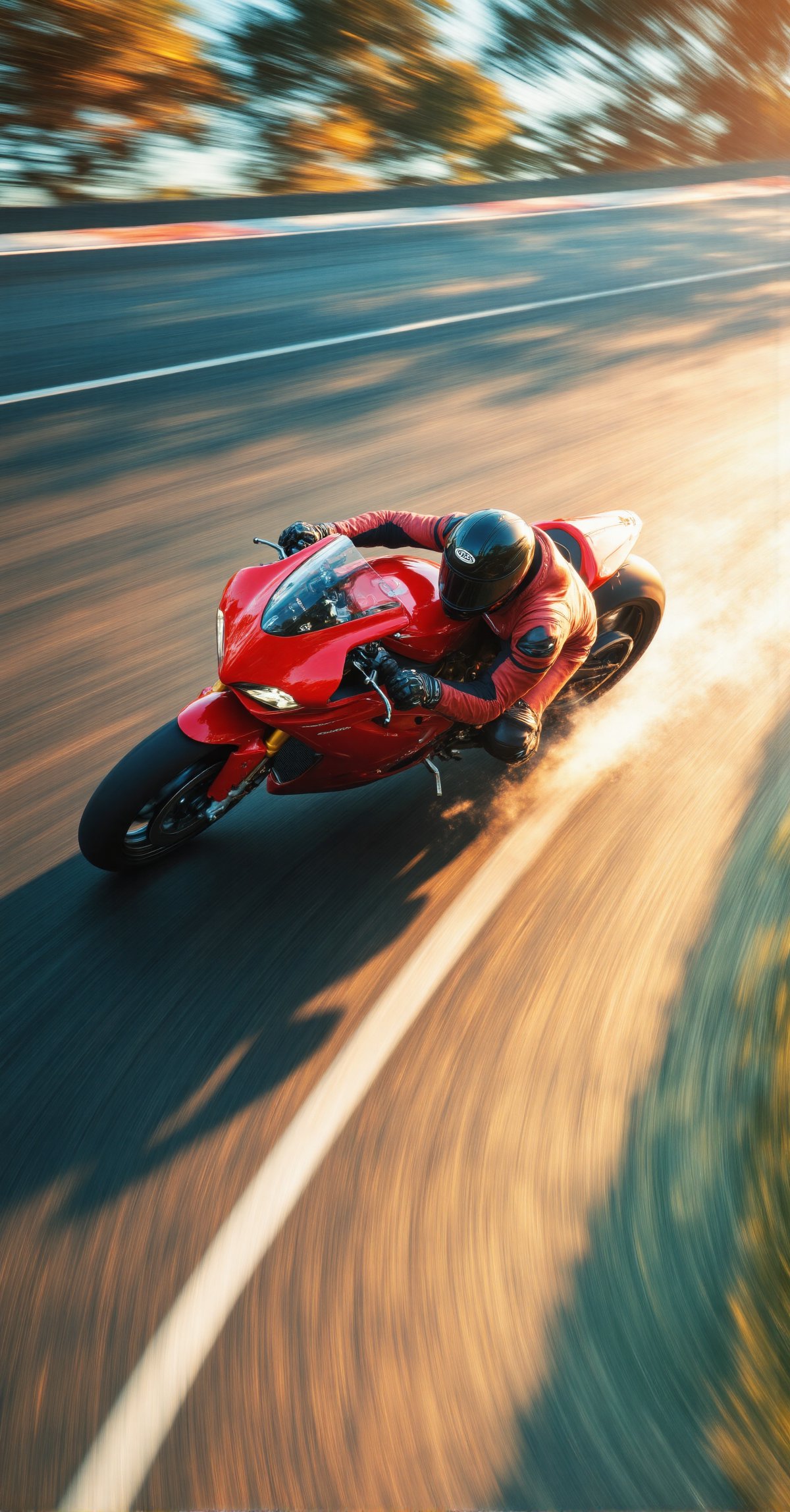 (((A razor-sharp close-up))) captures the fiery red Ducati Panigale V4 motorcycle as it roars around the racetrack's curve, the rider's helmet and goggles a blur as they expertly navigate the turn. A brilliant light bathes the scene, casting a warm glow on the bike's sleek design. The composition is clean and modern, with the subject placed centrally in the frame. The photorealistic details of the digital art are stunning, with every texture and reflection meticulously rendered in 4K,High Speed,Hyperspeed,illustration,High dynamic range style,aidmaGlow,noc-landscape,magical sky