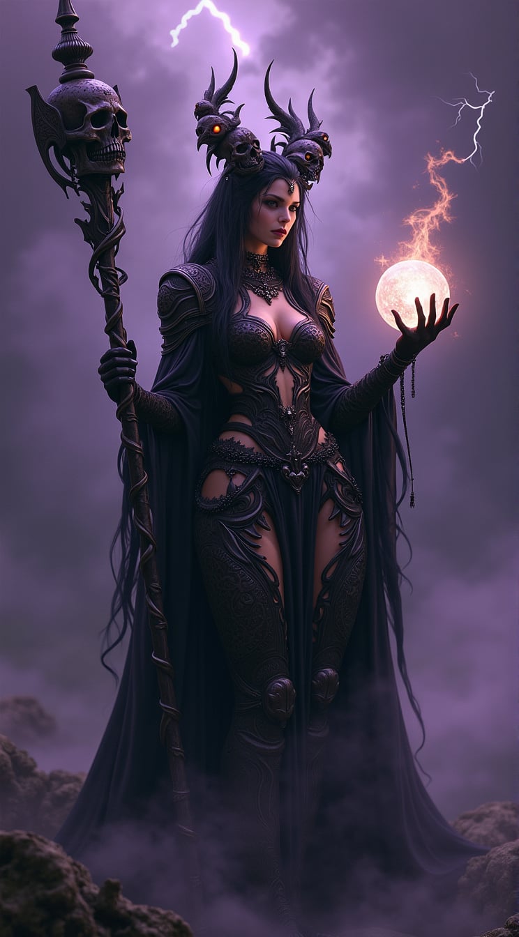 In a dark fantasy realm, the central female figure stands as a powerful sorceress. She is draped in an intricate black cutout bodysuit, adorned with elaborate gothic jewelry that shimmers ominously. Her armor is forged from shadow and steel, blending seamlessly with her form. A halo of skulls, each with faintly glowing eyes, encircles her head, casting eerie shadows across her face. In her right hand, she clutches a glowing orb pulsating with arcane energy, its light illuminating the swirling patterns etched into her armor. In her left hand, she grips a twisted staff, its surface carved with ancient runes that seem to shift and change as the staff hums with dark power. The backdrop is a dense, purple haze, swirling with dark clouds that crackle with distant lightning. Wisps of fog coil around her feet, merging with the shadows that extend from her form. The atmosphere is charged with an otherworldly energy, as if the very air is alive with ancient magic. The overall tone of the image is one of dark fantasy, mystery, and awe-inspiring power, evoking a sense of a forgotten era where magic and darkness ruled.