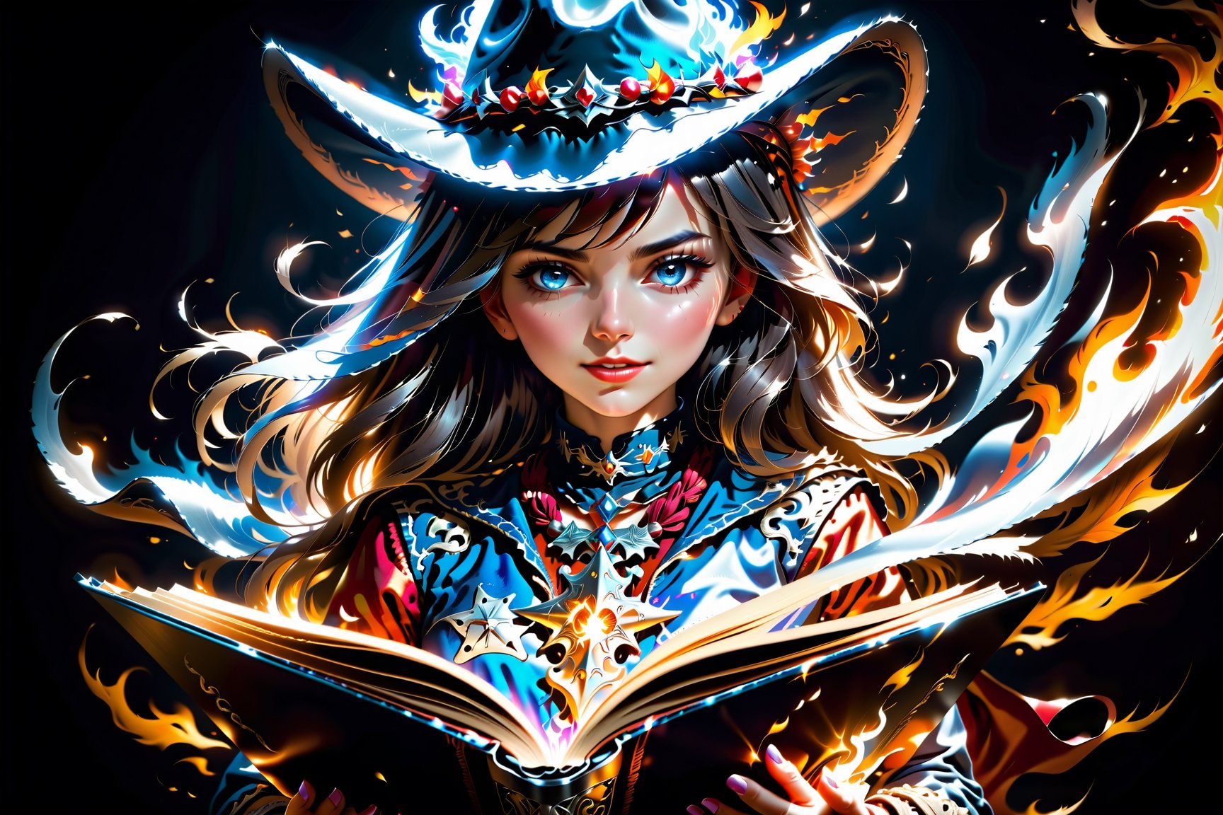 1 girl,{{Floating Fire Magic Spell and a burst of flam}},book,looking at viewer,close-up, cowboy shot,cinematic lighting, volume lighting, light particlestachie,dynamic angle ,ray tracing,, best quality, amazing quality, very aesthetic, absurdres