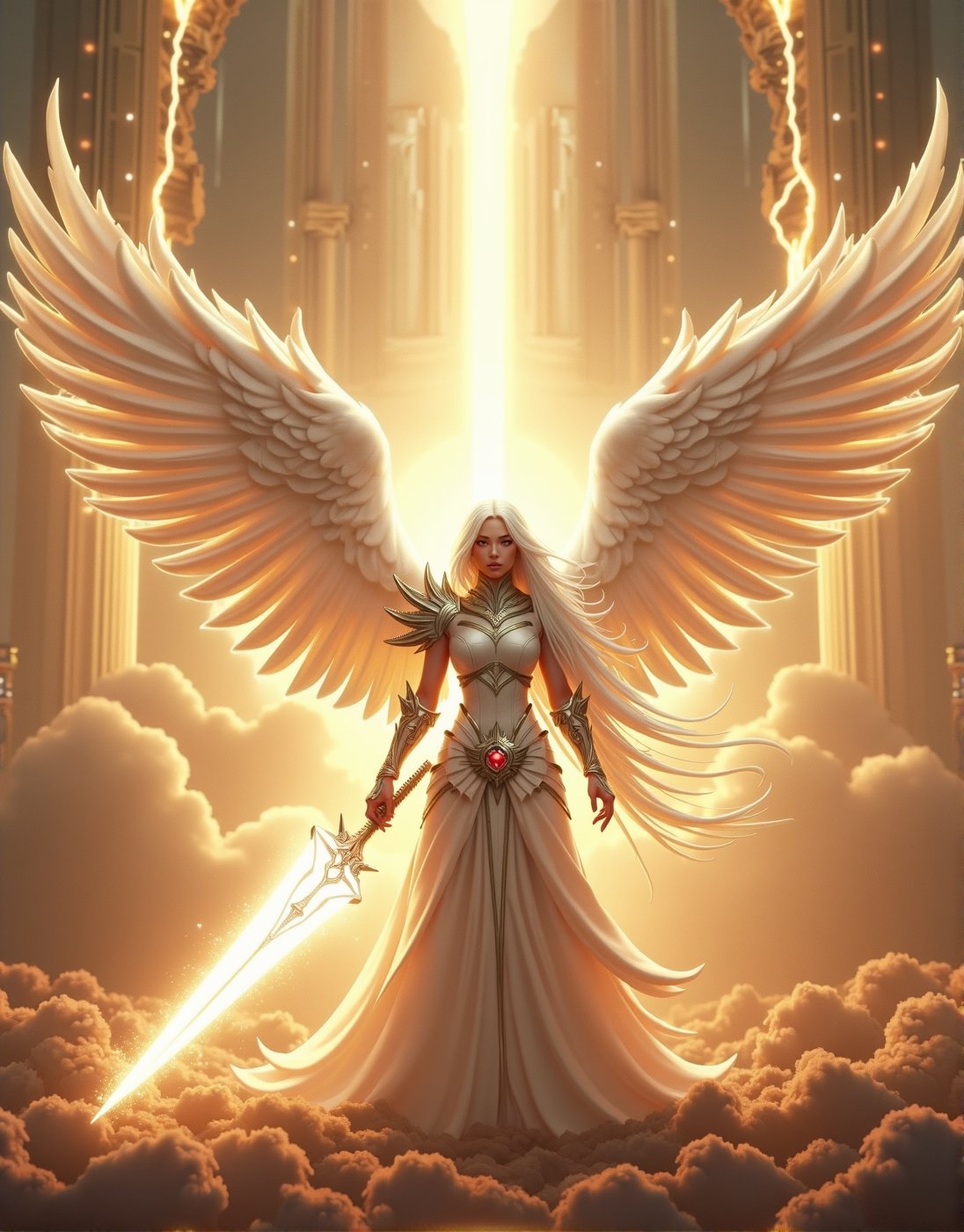 A powerful, awe-inspiring female warrior with long, flowing white hair, clad in radiant white spiked armor, stands with a menacing aura. Her ethereal, glowing white wings stretch out majestically behind her, shimmering with divine light. She holds a massive, radiant sword that emits an intense white light, crackling with electric energy swirling around her like a celestial storm. Her piercing red eyes glow through the mist, adding to her fierce, commanding presence. In the background, a grand temple rises from the clouds, its towering pillars and intricate carvings radiating with divine energy. The heavenly temple, bathed in golden light, creates a majestic backdrop, emphasizing the warrior's divine connection. Soft golden clouds float around, with beams of divine light breaking through, creating a serene yet powerful atmosphere. Gentle orange glowing dust drifts through the air, adding a magical touch to the ethereal landscape. Ultra-realistic, hyper-detailed, with cinematic lighting and perfect composition, the image captures the contrast between the angelic and the fierce, framed by the high-contrast interplay of light, shadow, and the divine architecture., ultra quality, best quality, masterpiece, retina, accurate, masterpiece, super detail, high details, best quality, award winning, highres, HD, 4K, 8k, 16k,