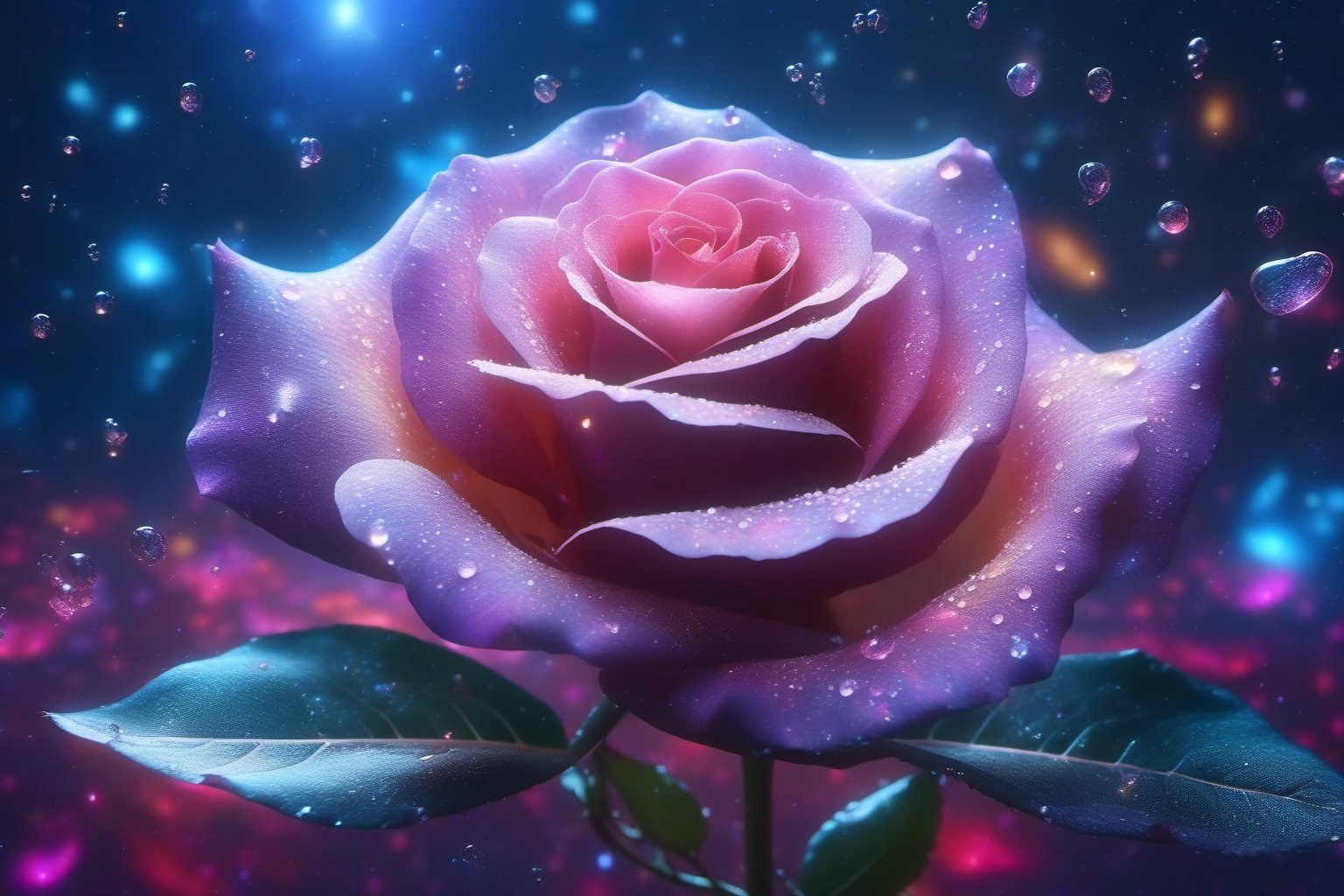  a galaxy rose with a galaxy on each rose petal, shining starlight, spacey nebula  background, Dark background,Extreme Detail,UHD,8K,Studio Lighting,Professional Photography,fine art,,water droplets on rose petals,,  cupidtech, machine,DonMH010D15pl4yXL 