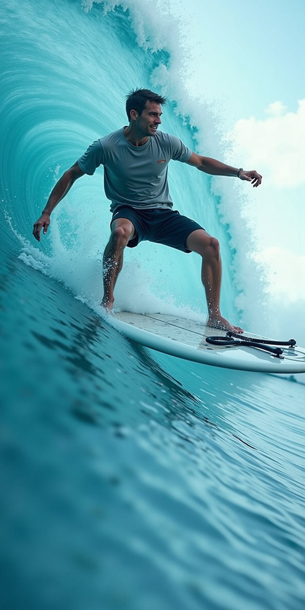  (((ultra photo REALISTIC))), sharp focus, extreme detail description, professional, vivid colors, bold color palette, photorealism, a man is surfing on a white surfboard with a black emblem on the front. He is wearing a short-sleeved shirt and black shorts. His hair is short and dark. His arms are spread out to his sides, and his legs are bent at the knees. The surfboard is positioned in front of a large wave, which is cresting the right side of the image. The wave is a deep blue, with a white foam at the top of the wave. The sky is a light blue, dotted with white clouds. In stunning 16K UHD resolution, this masterpiece showcases unparalleled quality, accuracy, and attention to detail, extremely high quality RAW photograph, detailed background, intricate, Exquisite details and textures, highly detailed, ultra detailed photograph, warm lighting, sharp focus, high resolution, Hyperrealism, masterpiece, accurate, super detail, best quality, award winning, highres, 16k 8k uhd, dslr, high quality,