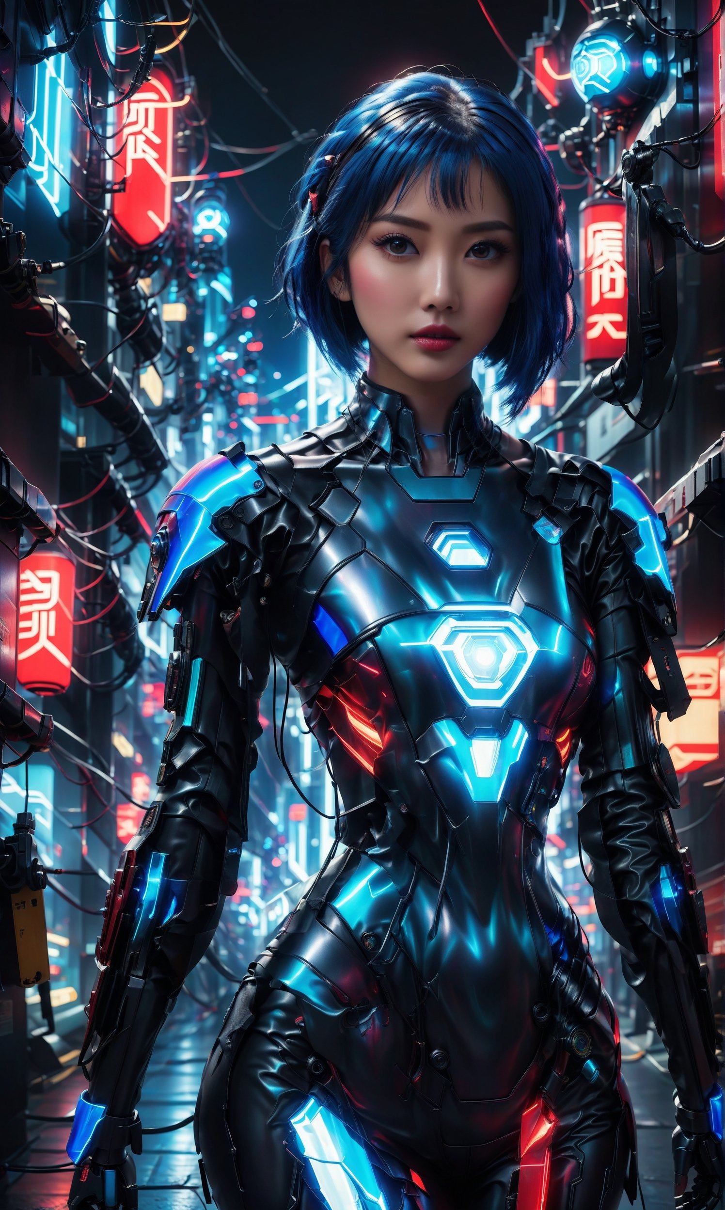 Ghost in the Shell style, image of a Sci-Fi Mecha girl, supermodel, blue short hair, detailed blue eyes , wearing high-tech cyberpunk style blue and black and red with LED highlight mecha body, radiant Glow, metallic suit, mecha, high-tech suit with weapons, neon lit futuristic city streets, mecha,exosuit,more detail XL,Mechanical part,TechStreetwear