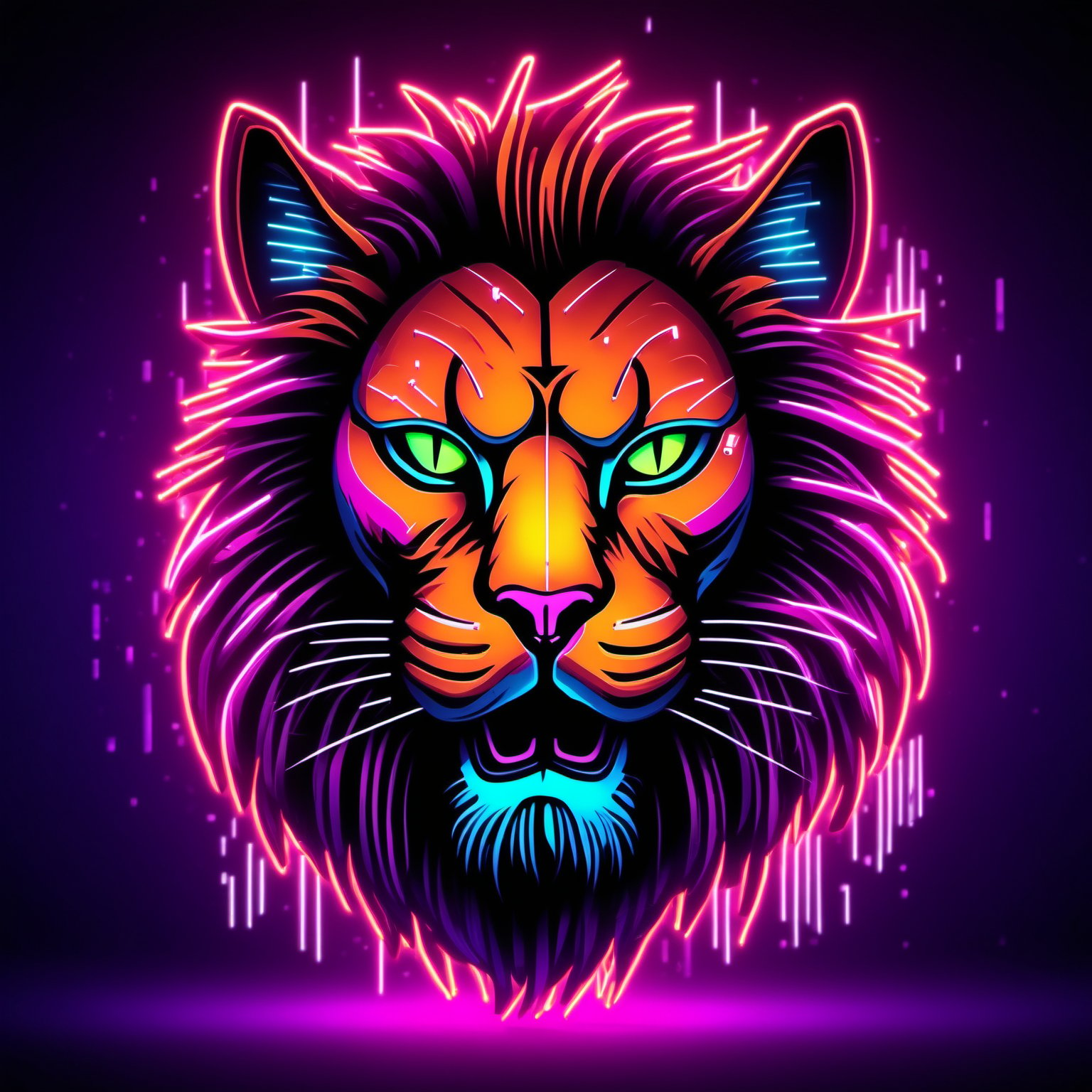 ((( Mad Cat TEXT))), neon mad lion face, Neon multy colored matrix code falling from the top in the background, chip, neon technology, technology concepts, intelligence concepts HD wallpaper,