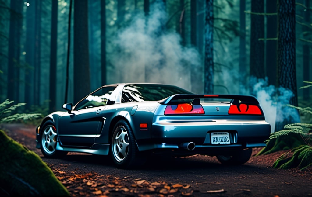 A photorealistic image of a 1994 Acura NSX sitting in middle of quiet forest and a smokey, car photography, 8k, unreal engine, masterpiece,detailmaster2