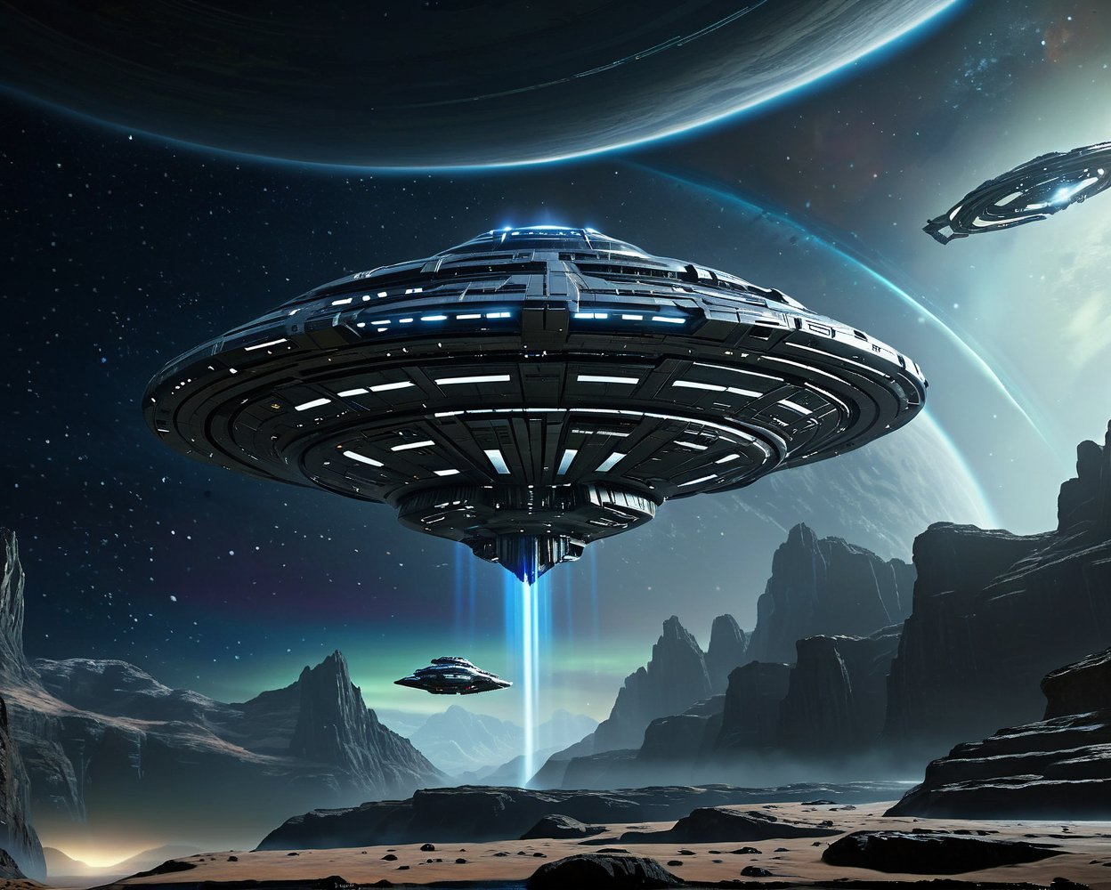 spaceship flying over a mountain with a large structure in the middle,  spaceship landing,  star citizen halo by MadCat  o...