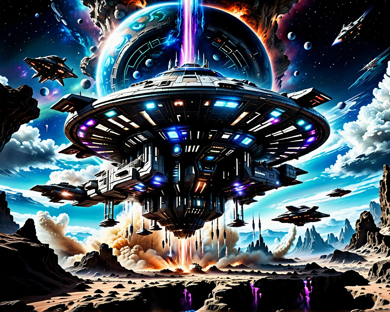 futuristic spaceship,  smooth lines aerodynamic,  flying in space spaceship taking off rocket fire from the bottom of the...