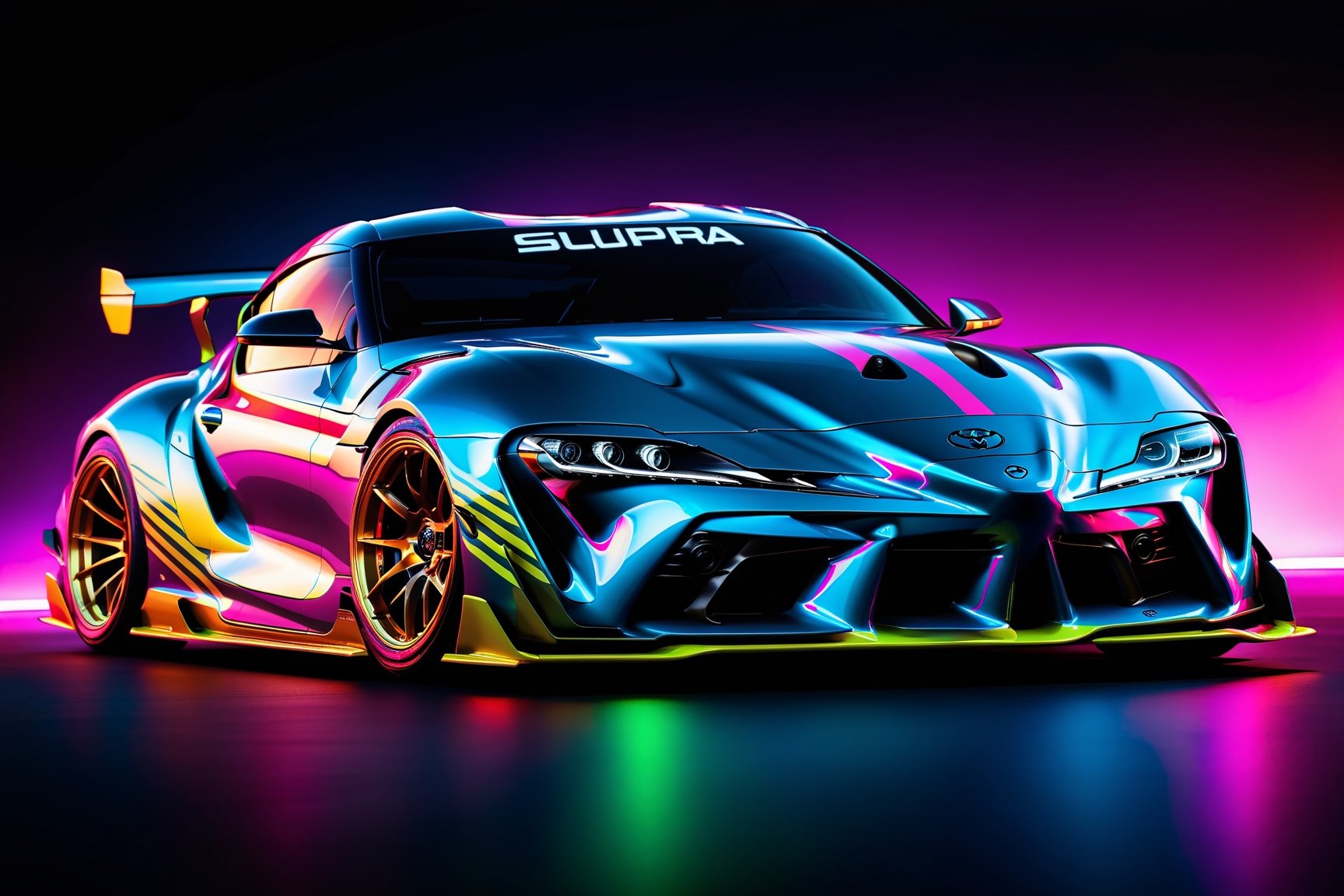 (masterpiece, best quality, ultra-detailed, 8K),toyota supra 2023 model, race car, street racing-inspired,Drifting inspired, LED, ((Twin headlights)), (((Bright neon color racing stripes))), (Black racing wheels), wide body kit, modified car,  racing livery, masterpiece, best quality, realistic, ultra highres, (((depth of field))), (full dual colour neon lights:1.2), (hard dual colour lighting:1.4), (detailed background), (masterpiece:1.2), (ultra detailed), (best quality), intricate, comprehensive cinematic, magical photography, (gradients), glossy,aesthetic,intricate, realistic,cinematic lighting, Neon tungsten Paint,cyberpunk style,c_car