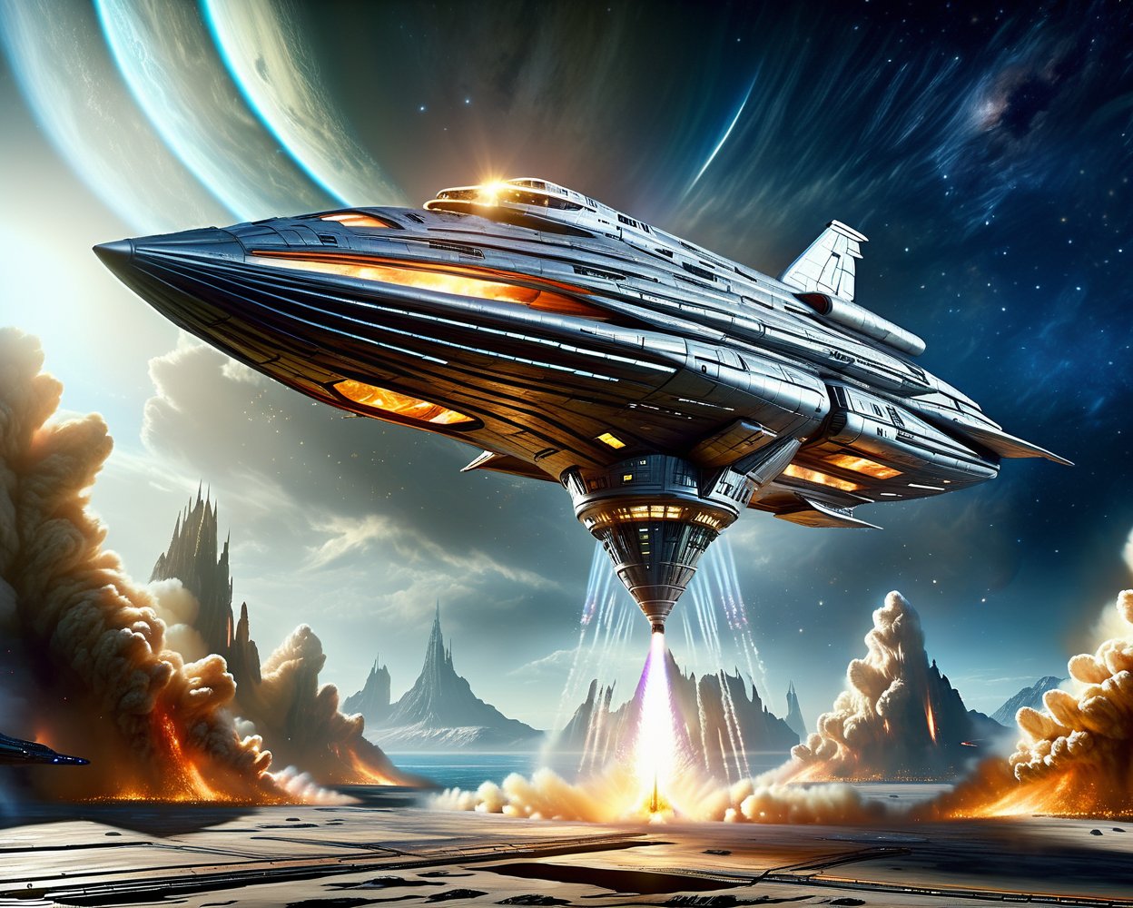 star fighter spaceship with wide wings ftake off from a large ship port structure in the middle of a platform rockets shoo...