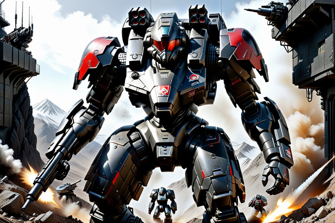 a battlemech looking intimidating military tough armor skin painted black and red weapons mounted on  it's arms and sholders it's torso is heavly armored  protecting the piolet hiddenin the chest Jet on its back let it jump high in the air this mech is built to be fast and hit hard, futuristic, mechwarrior, with rocket launchers mounted on sholders large canon built into the forarm, day, glass windsheild, on top of a moutain, Realistic light and shadow, （Realistic：1.4）, Complex background, Futurism, high detail, first-person view, masterpiece, best quality, super detail, high details, best quality, award winning, highres, 4K, 8k, 16k,PD-802X4, no human, Assault rifle